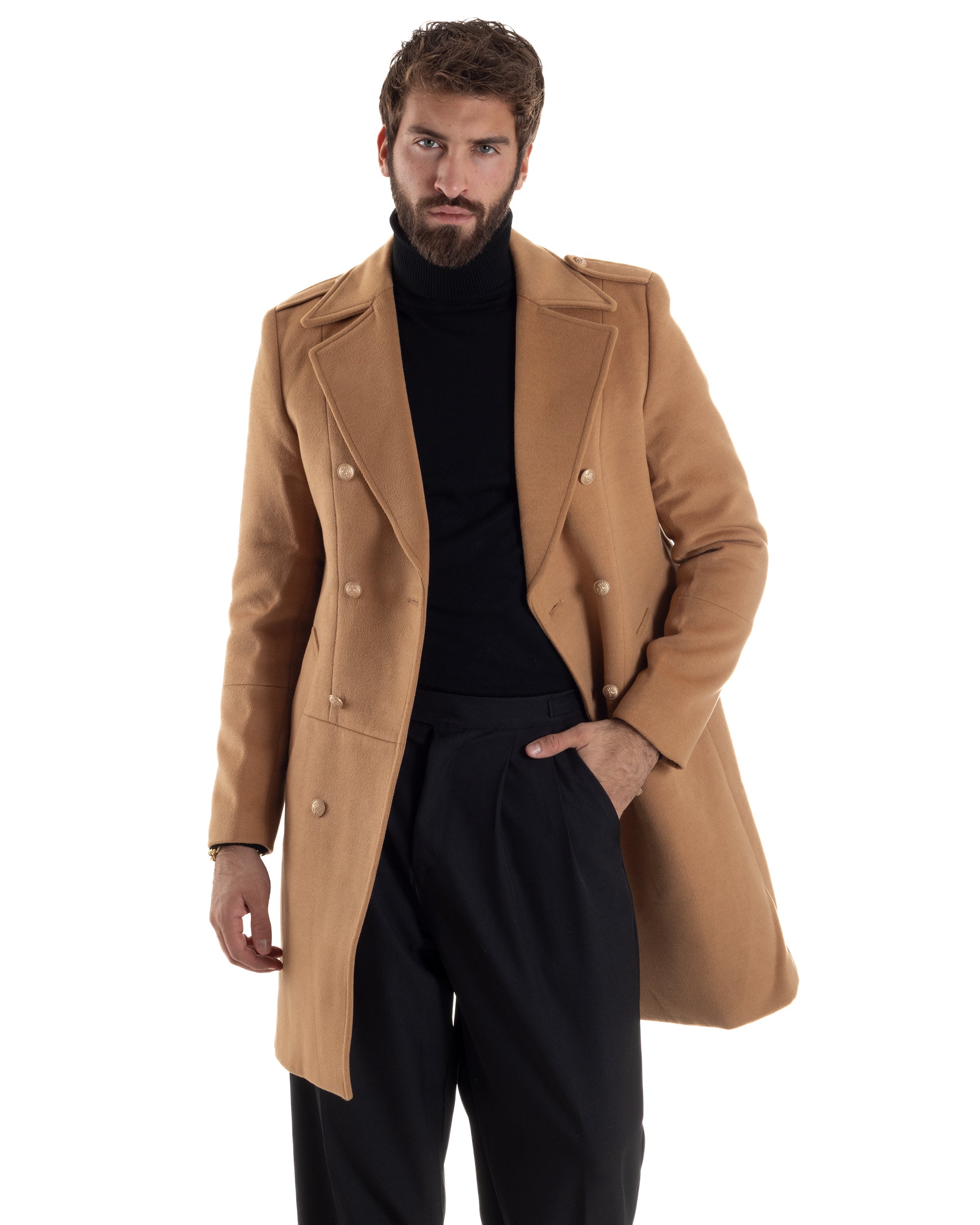 Cappotto Uomo Doppiopetto Lungo Revers A Lancia Tessuto Panno Bottoni Oro Camel CO1080A