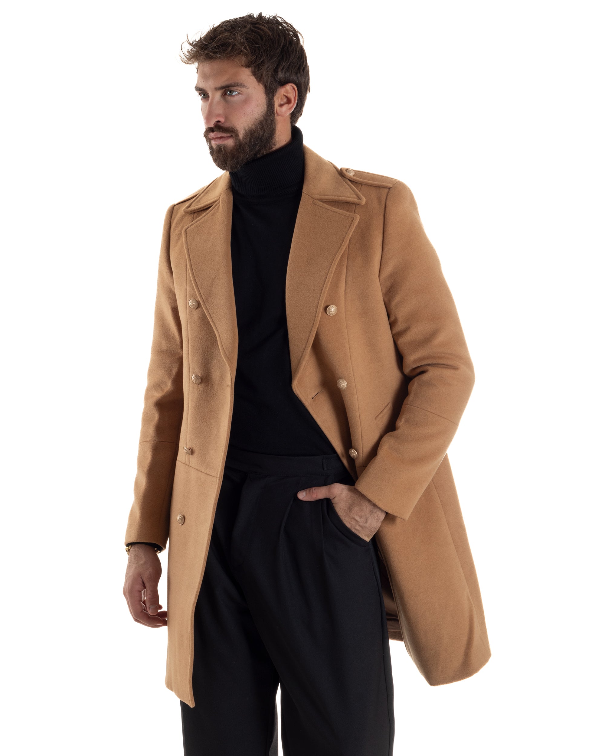 Cappotto Uomo Doppiopetto Lungo Revers A Lancia Tessuto Panno Bottoni Oro Camel CO1080A