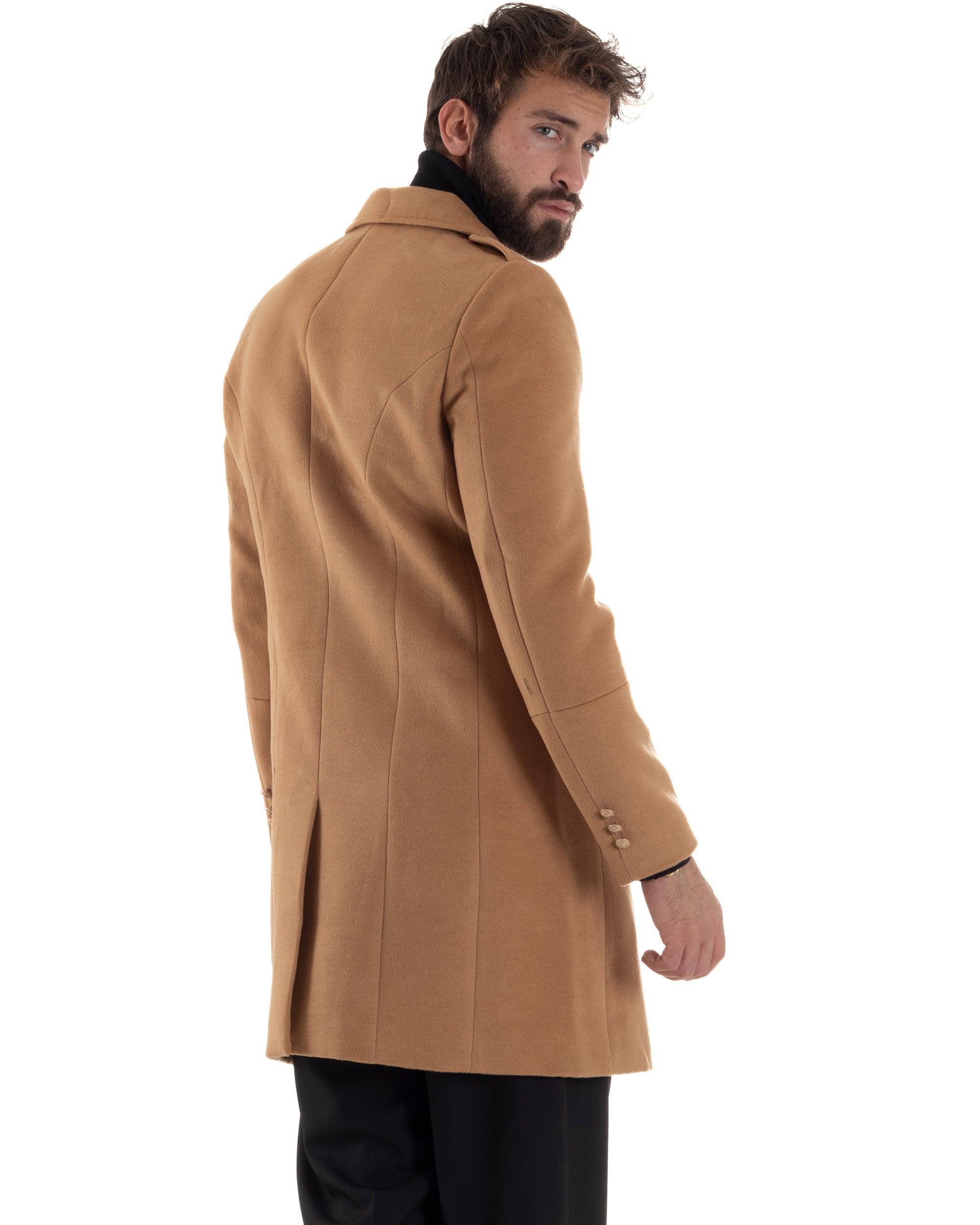 Cappotto Uomo Doppiopetto Lungo Revers A Lancia Tessuto Panno Bottoni Oro Camel CO1080A