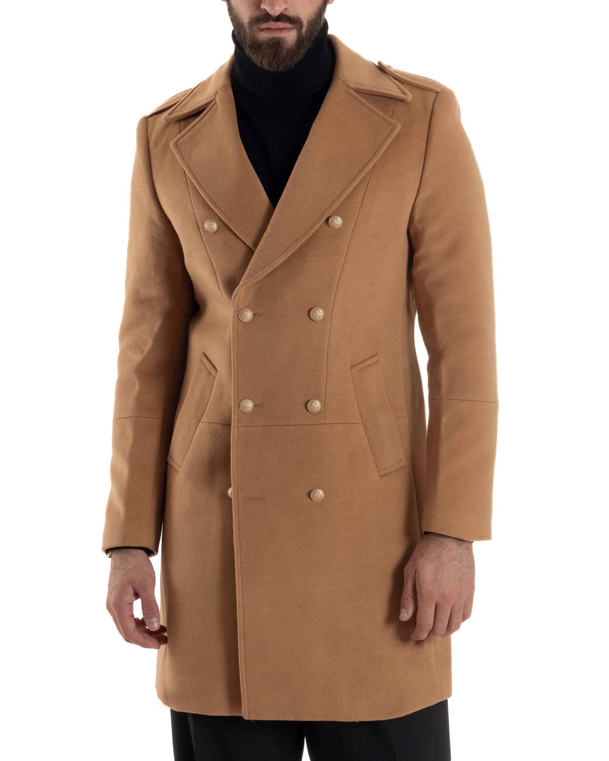 Cappotto Uomo Doppiopetto Lungo Revers A Lancia Tessuto Panno Bottoni Oro Camel CO1080A