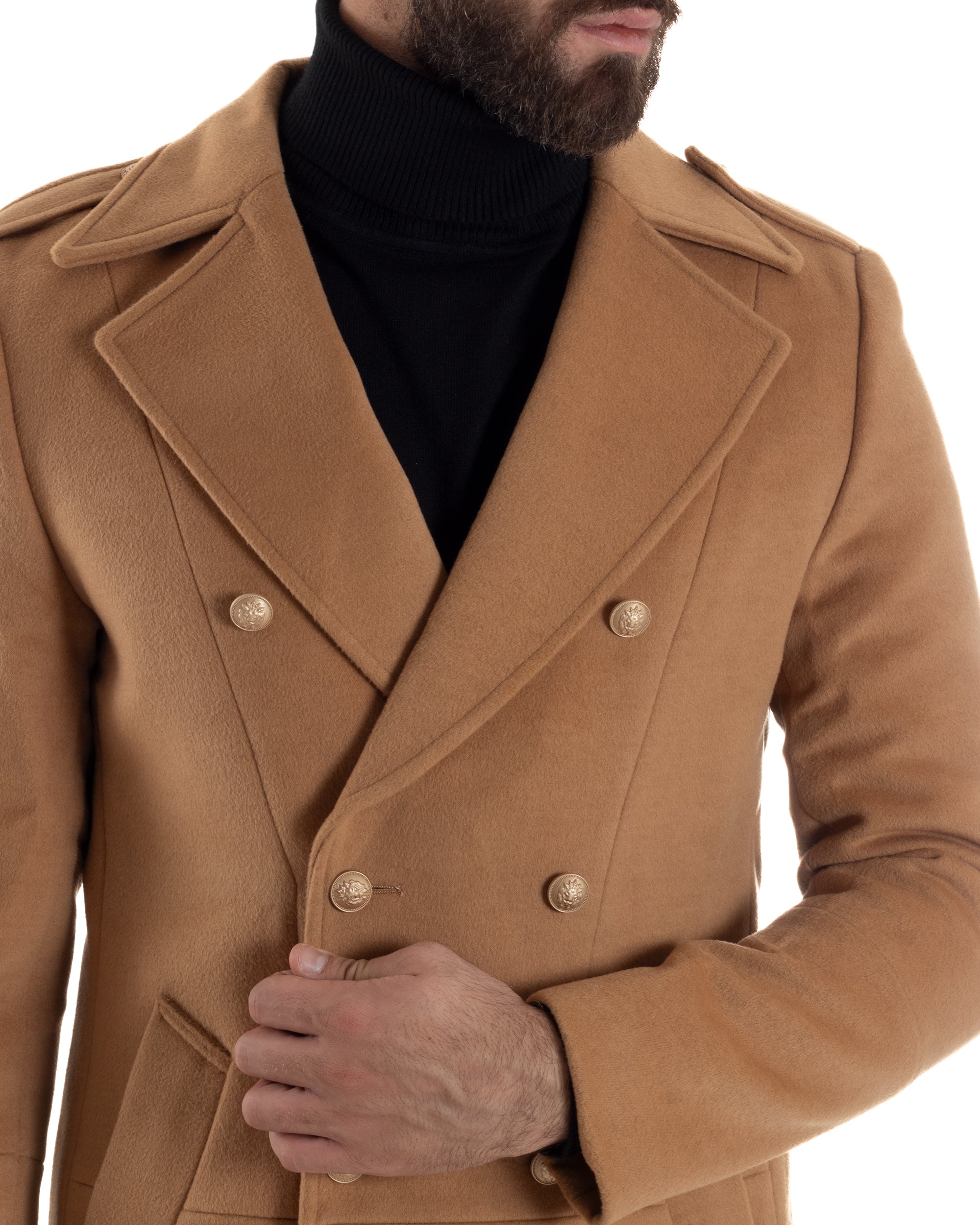 Cappotto Uomo Doppiopetto Lungo Revers A Lancia Tessuto Panno Bottoni Oro Camel CO1080A