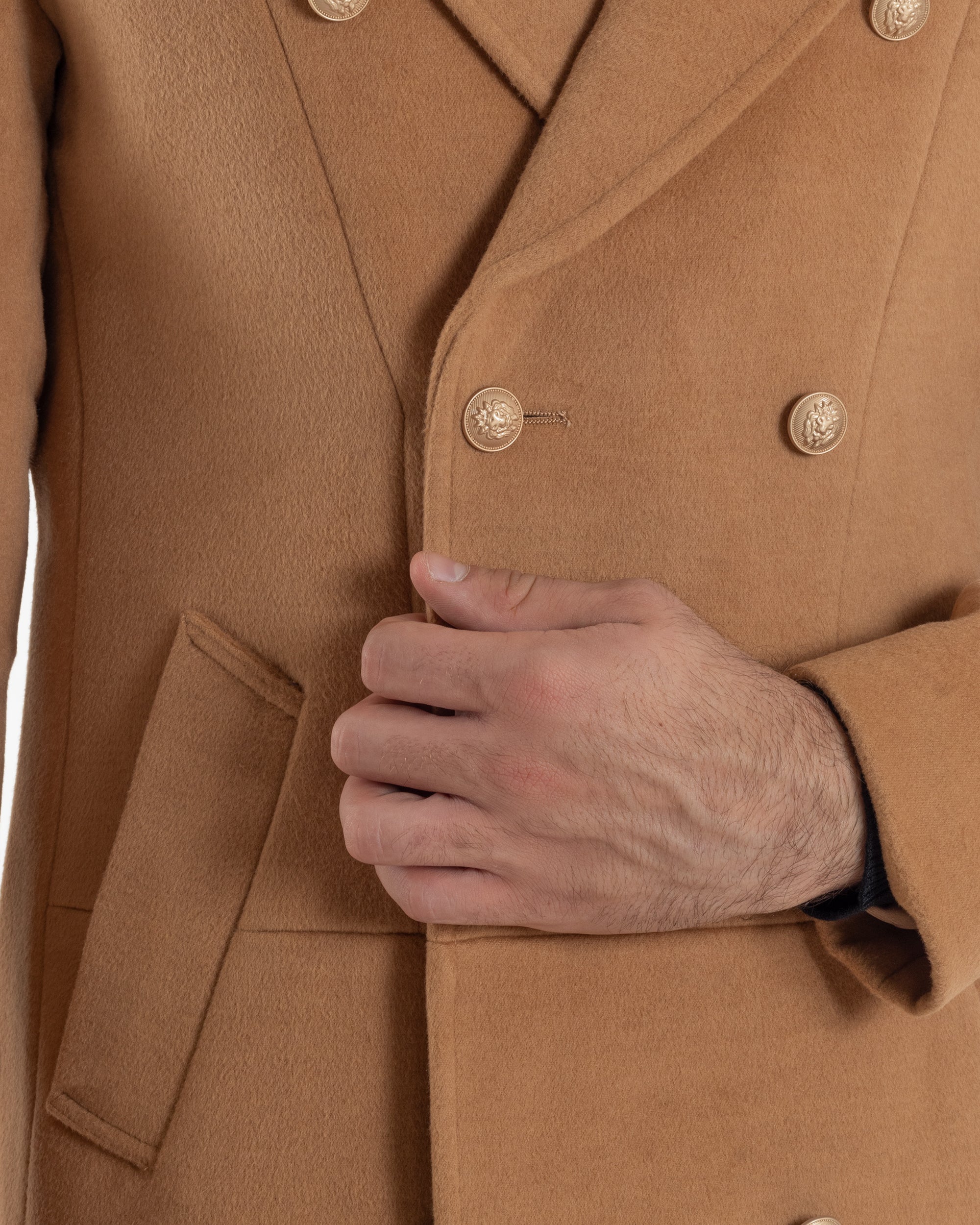 Cappotto Uomo Doppiopetto Lungo Revers A Lancia Tessuto Panno Bottoni Oro Camel CO1080A