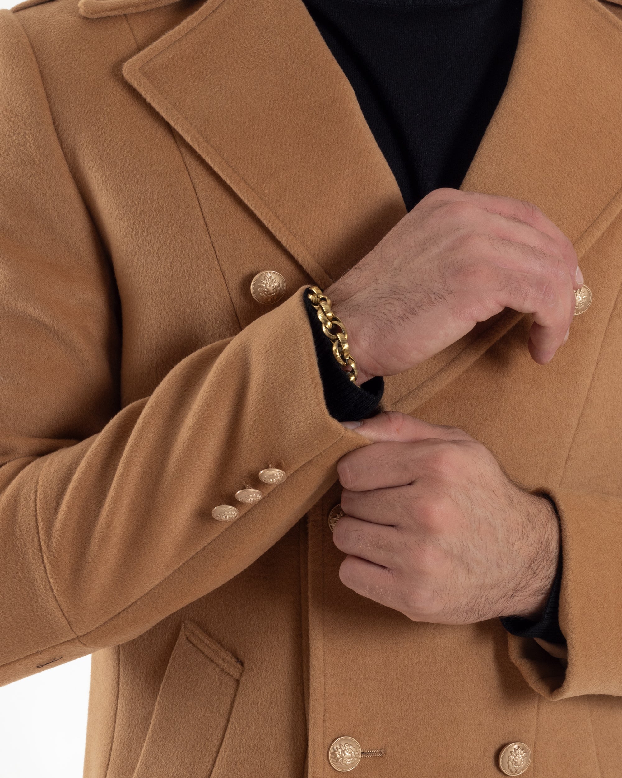 Cappotto Uomo Doppiopetto Lungo Revers A Lancia Tessuto Panno Bottoni Oro Camel CO1080A
