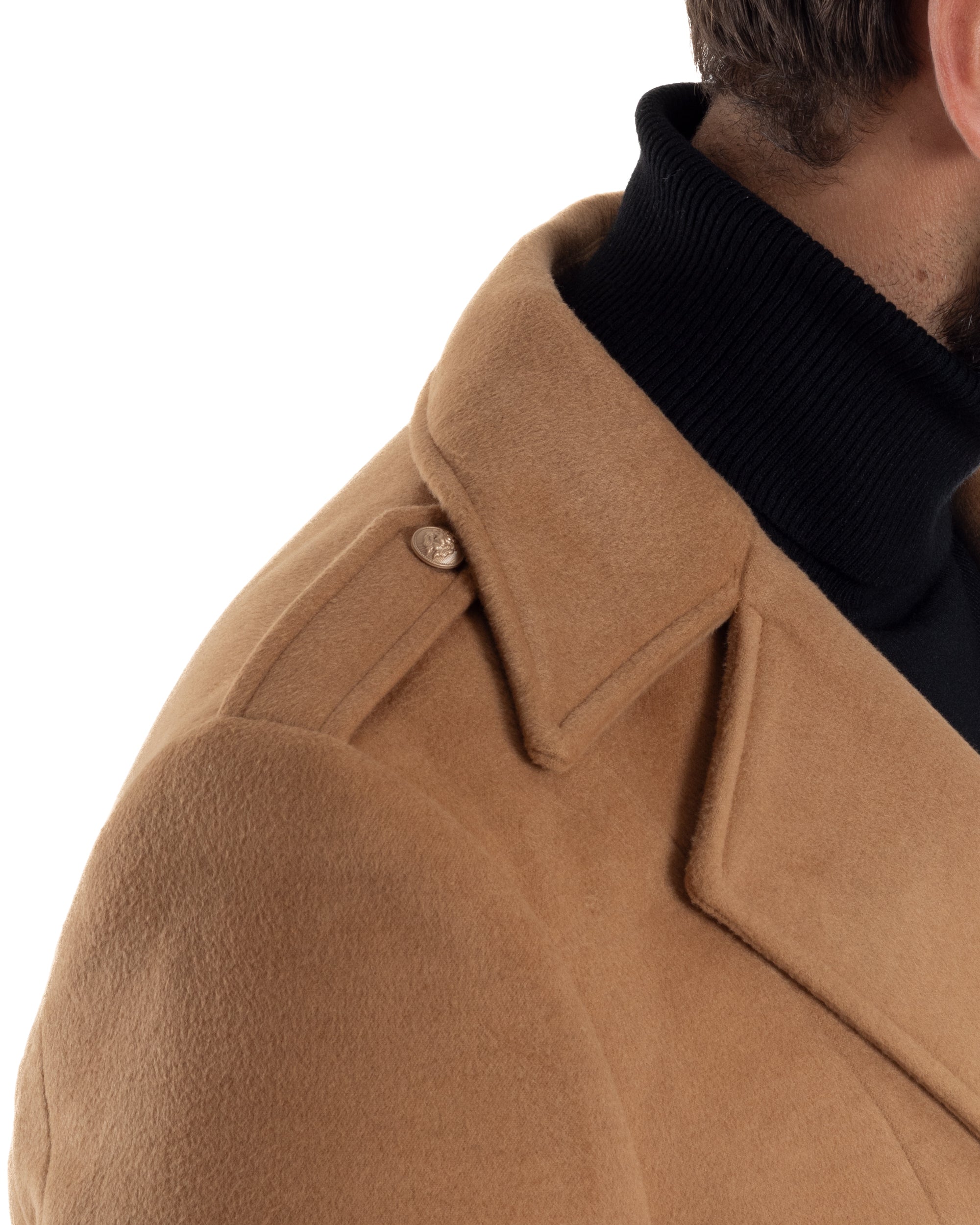 Cappotto Uomo Doppiopetto Lungo Revers A Lancia Tessuto Panno Bottoni Oro Camel CO1080A