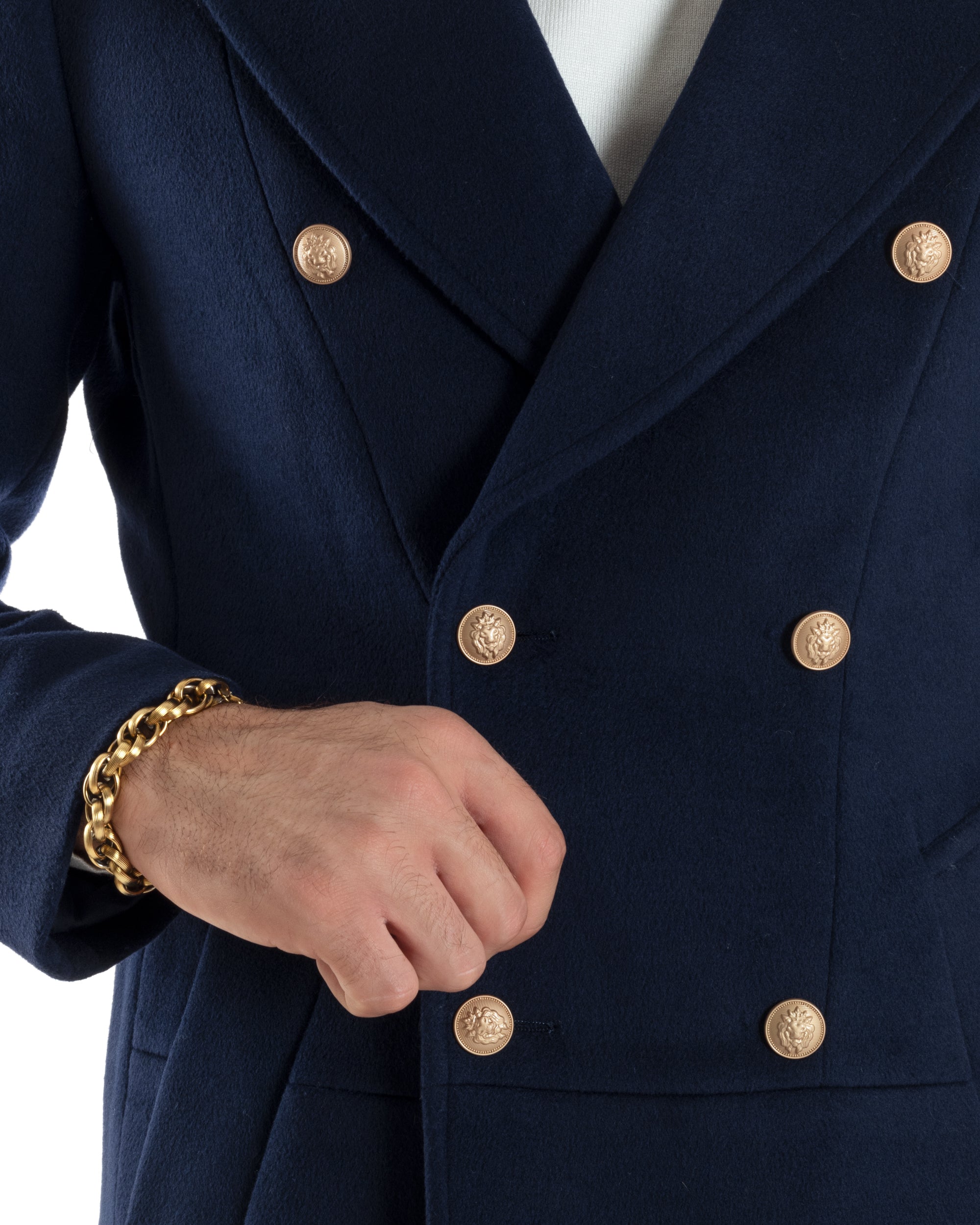 Cappotto Uomo Doppiopetto Lungo Revers A Lancia Tessuto Panno Bottoni Oro Blu CO1081A