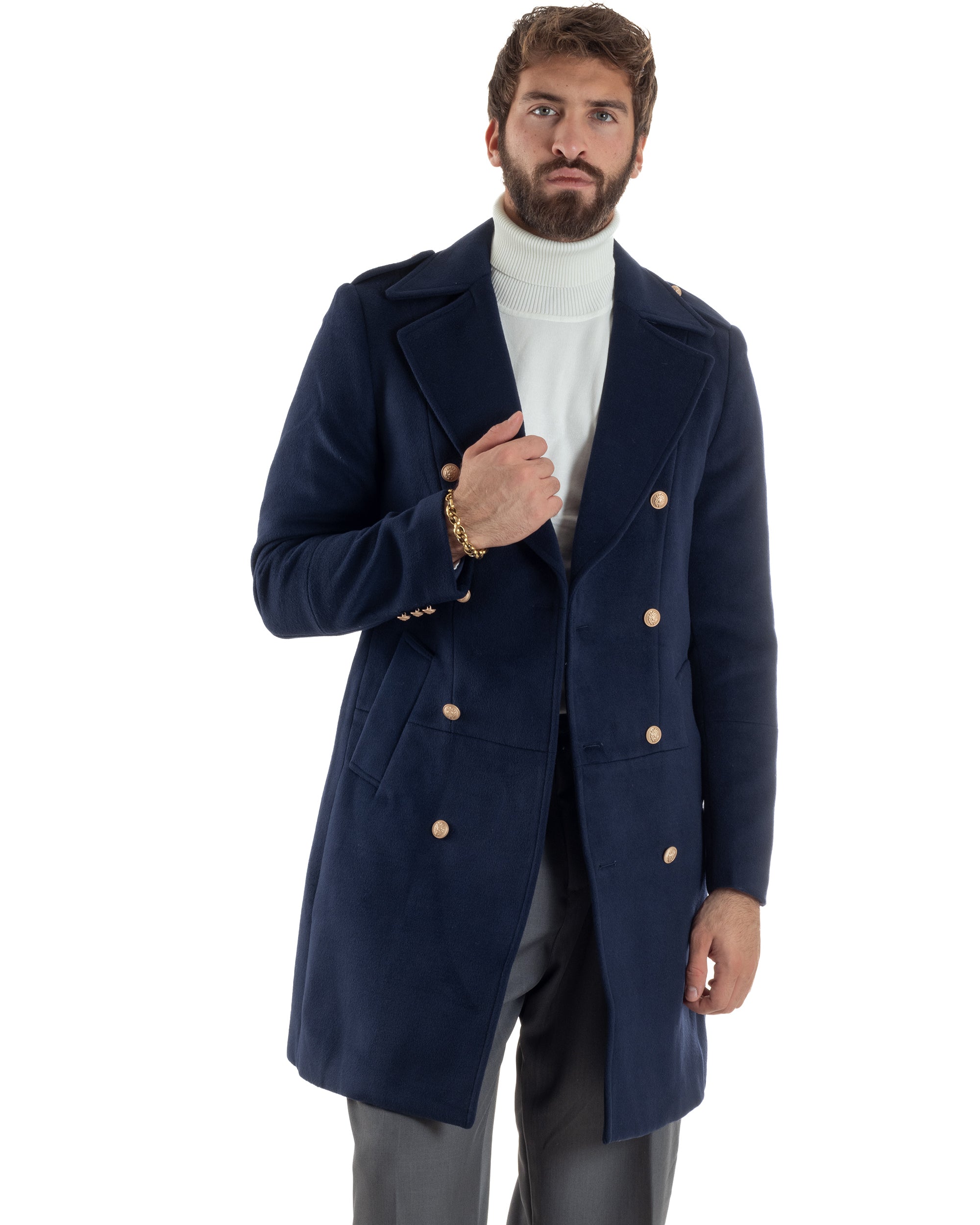 Cappotto Uomo Doppiopetto Lungo Revers A Lancia Tessuto Panno Bottoni Oro Blu CO1081A