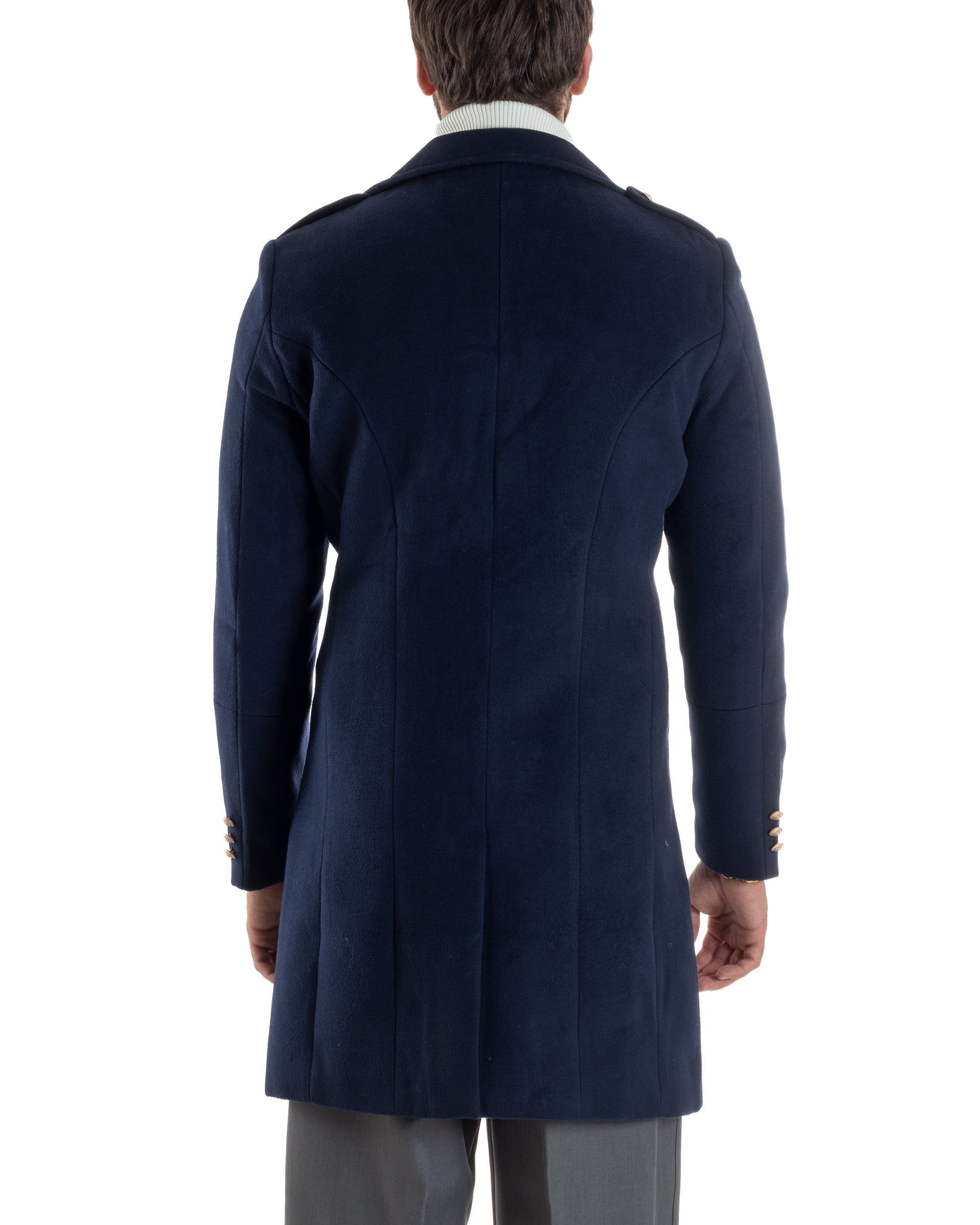 Cappotto Uomo Doppiopetto Lungo Revers A Lancia Tessuto Panno Bottoni Oro Blu CO1081A