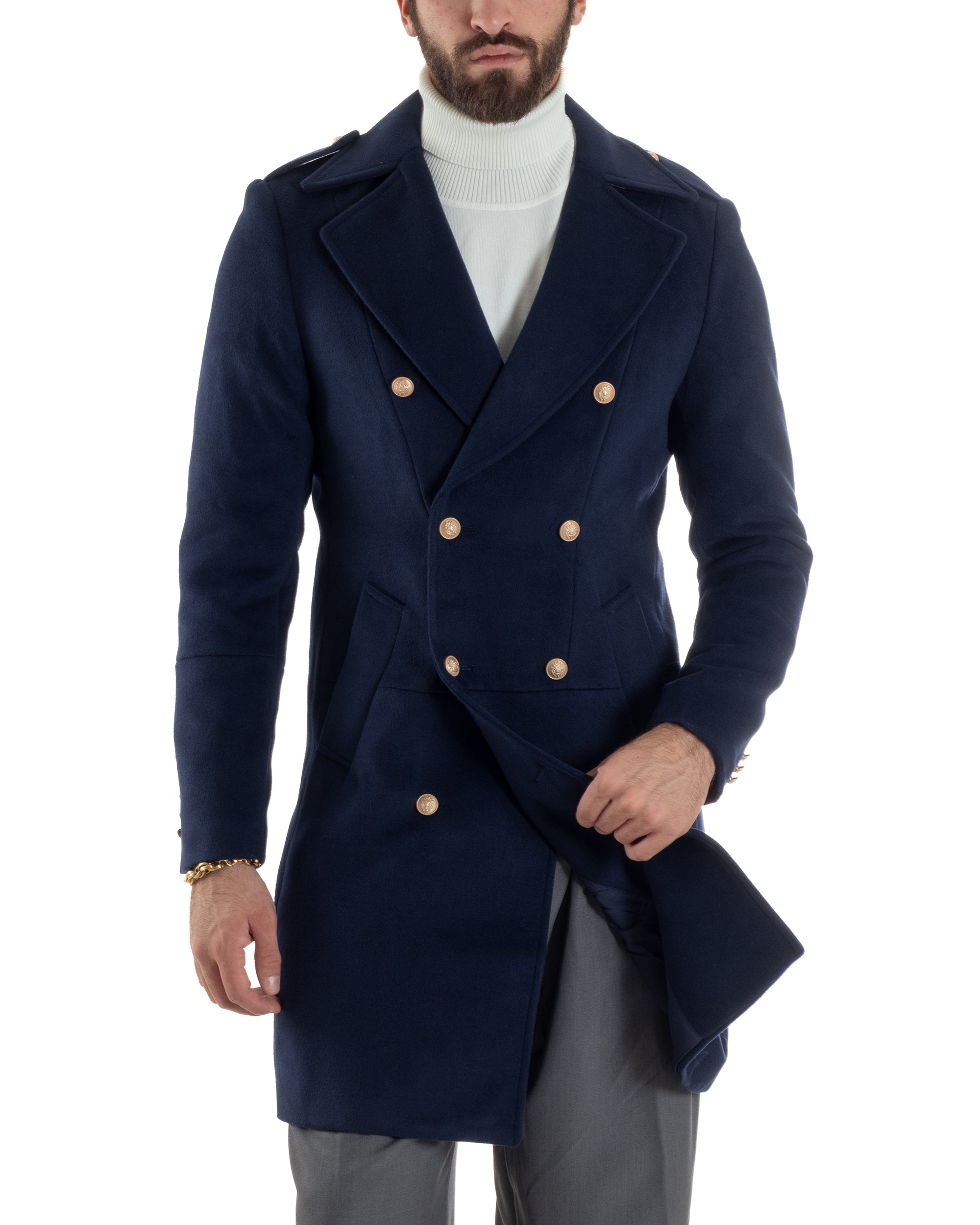 Cappotto Uomo Doppiopetto Lungo Revers A Lancia Tessuto Panno Bottoni Oro Blu CO1081A