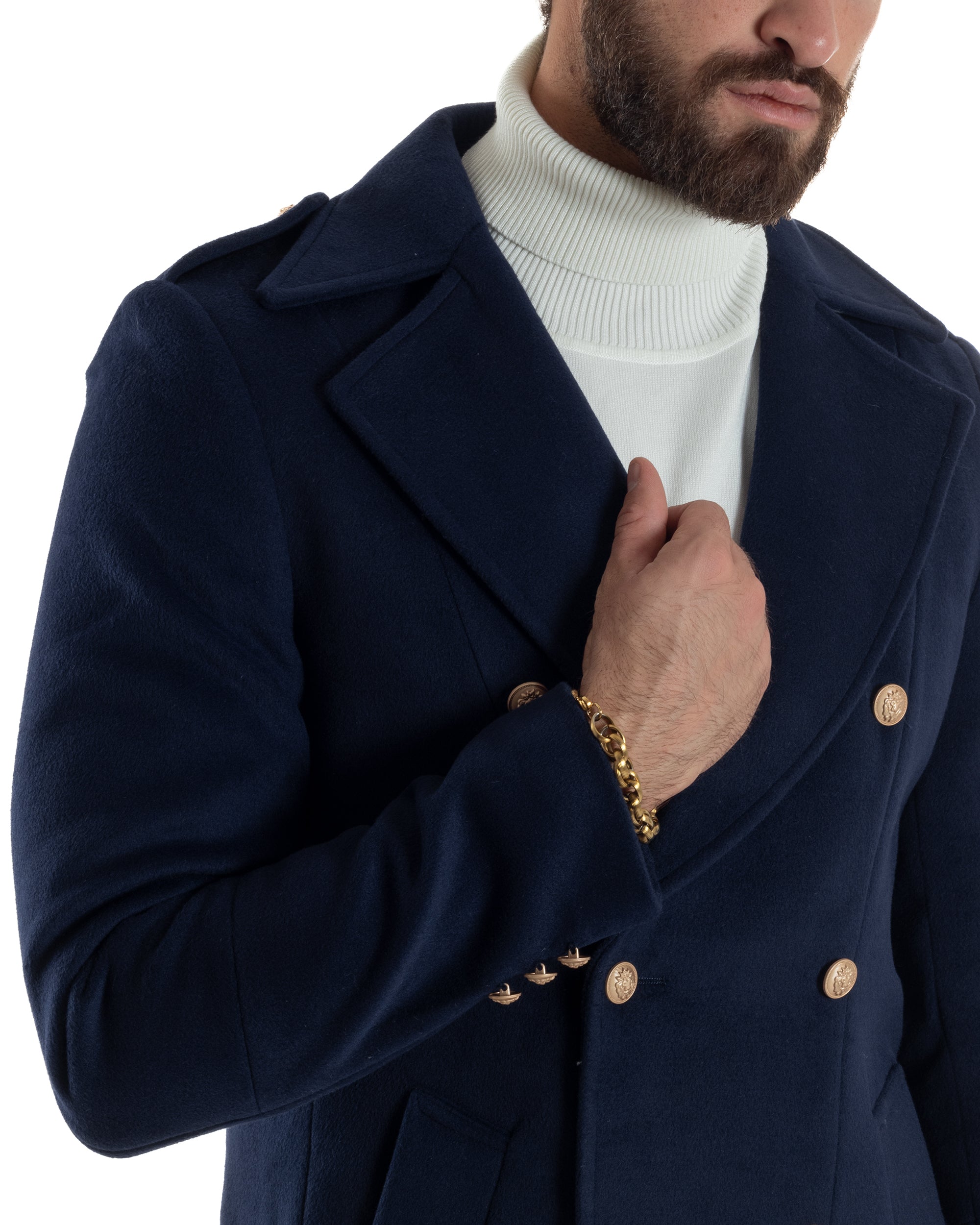 Cappotto Uomo Doppiopetto Lungo Revers A Lancia Tessuto Panno Bottoni Oro Blu CO1081A