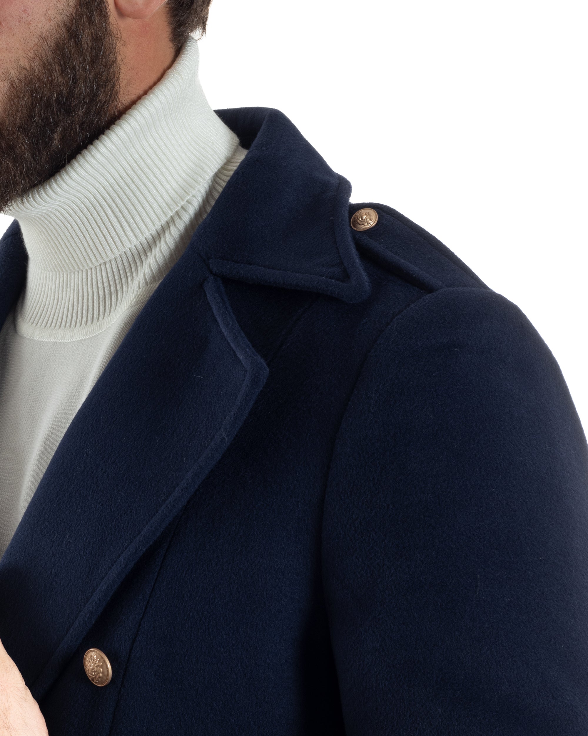 Cappotto Uomo Doppiopetto Lungo Revers A Lancia Tessuto Panno Bottoni Oro Blu CO1081A