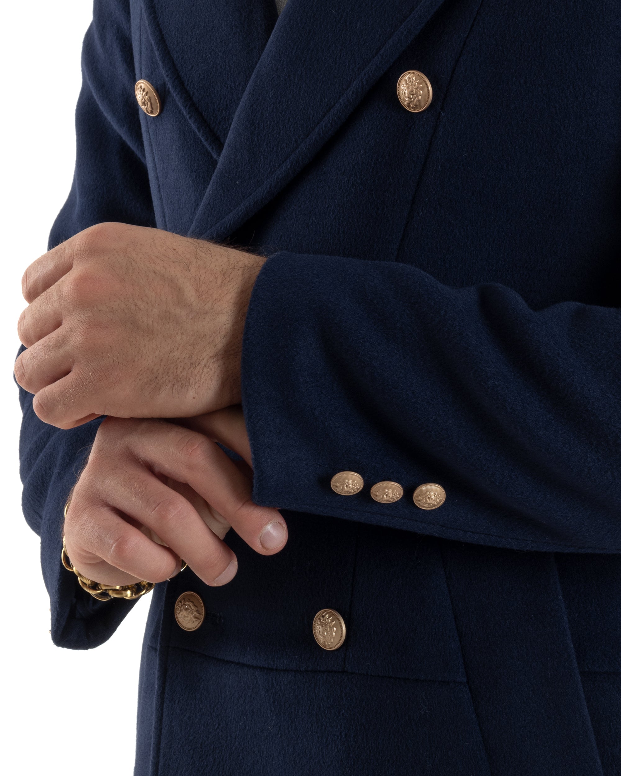 Cappotto Uomo Doppiopetto Lungo Revers A Lancia Tessuto Panno Bottoni Oro Blu CO1081A