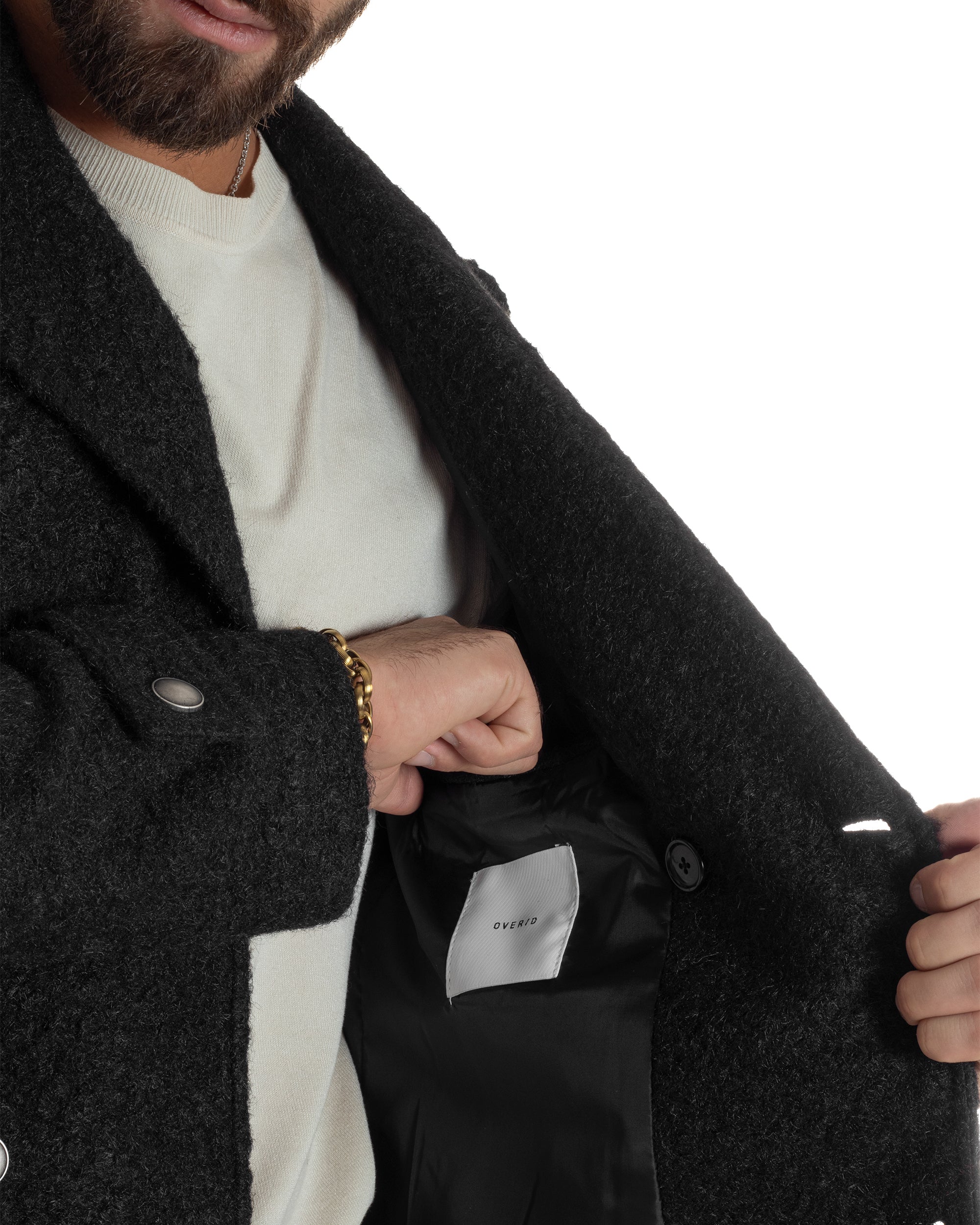 Cappotto Uomo Doppiopetto Corto Teddy Revers Nero Over-D OE1F2W5J44