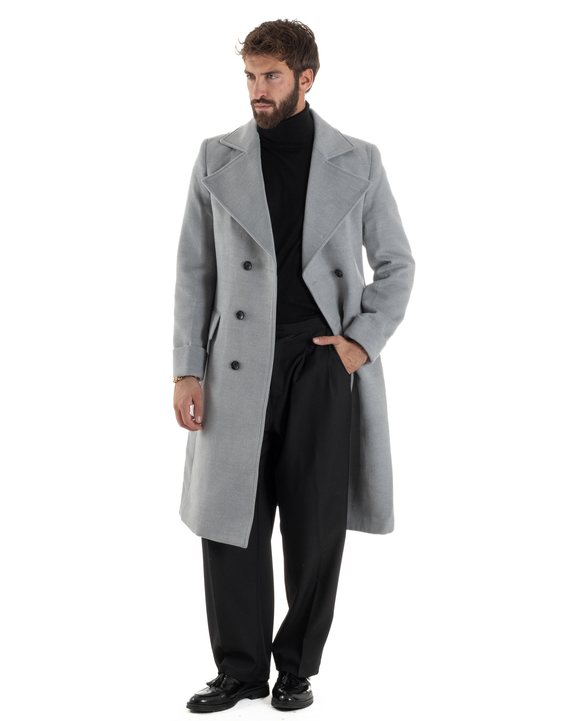 Cappotto Uomo Doppiopetto Lungo Revers A Lancia Tessuto Panno Tinta Unita Grigio CO1084A