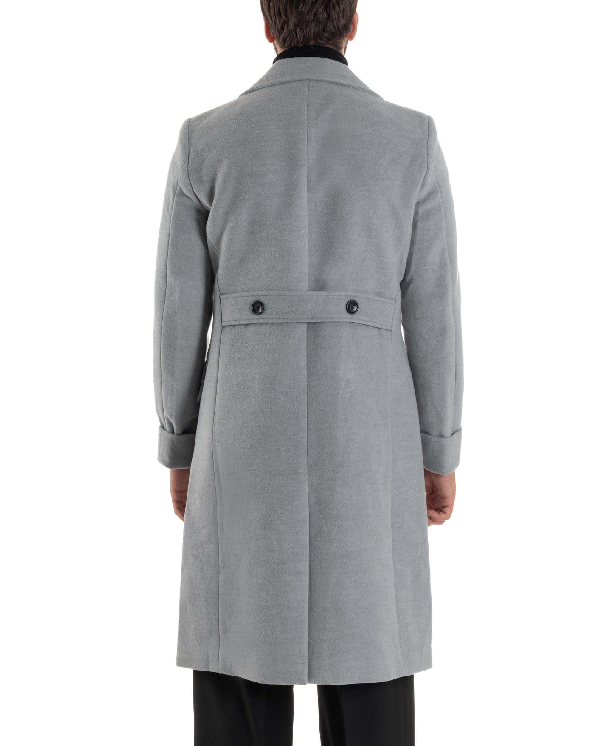 Cappotto Uomo Doppiopetto Lungo Revers A Lancia Tessuto Panno Tinta Unita Grigio CO1084A