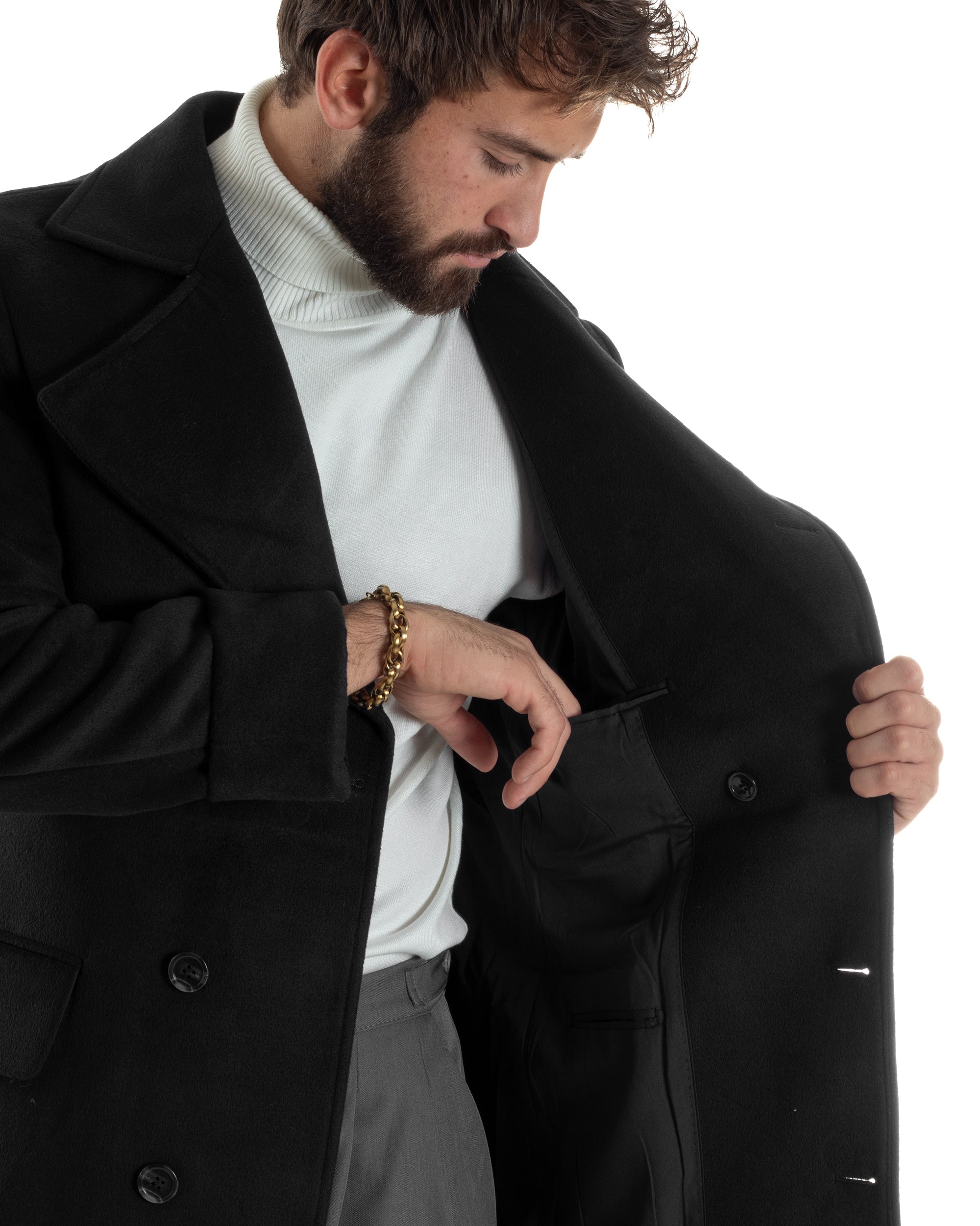 Cappotto Uomo Doppiopetto Lungo Revers A Lancia Tessuto Panno Tinta Unita Nero CO1085A