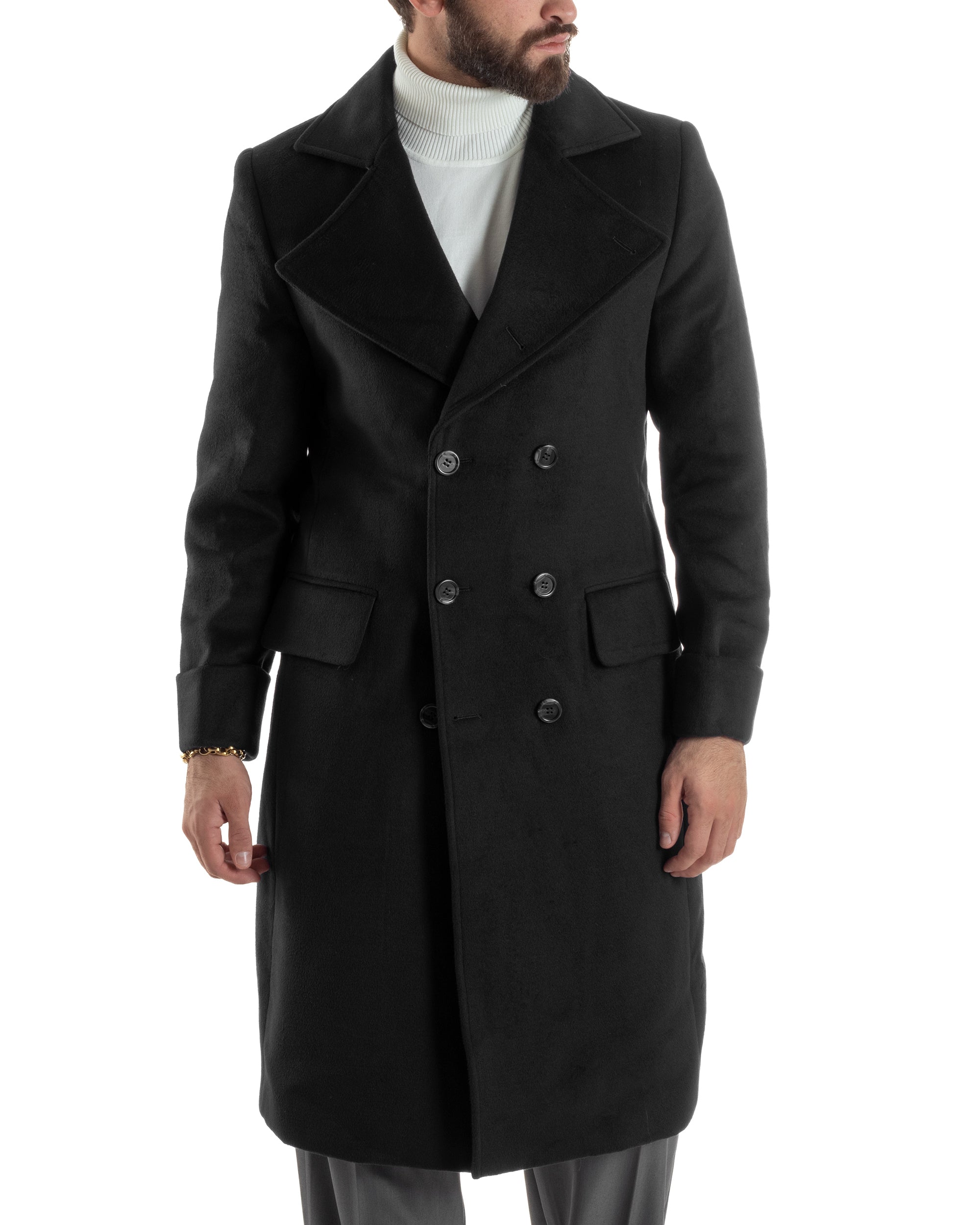 Cappotto Uomo Doppiopetto Lungo Revers A Lancia Tessuto Panno Tinta Unita Nero CO1085A