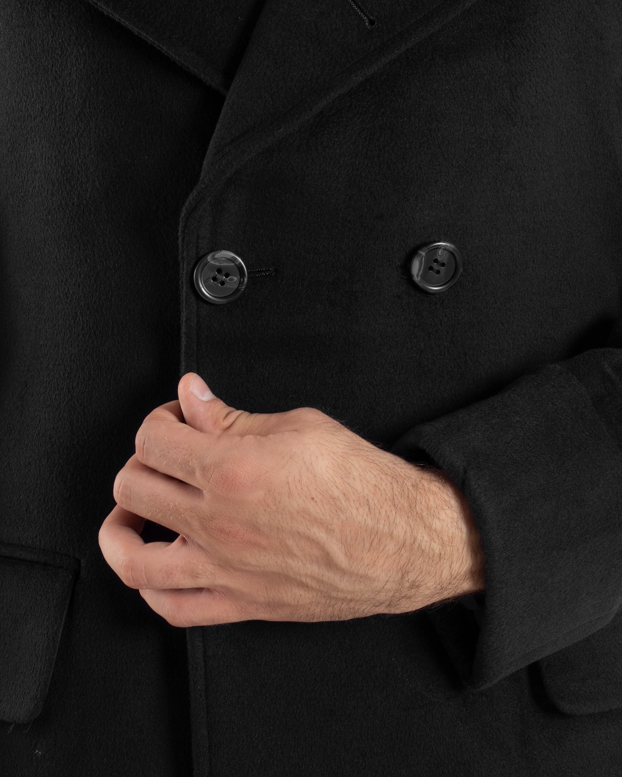 Cappotto Uomo Doppiopetto Lungo Revers A Lancia Tessuto Panno Tinta Unita Nero CO1085A