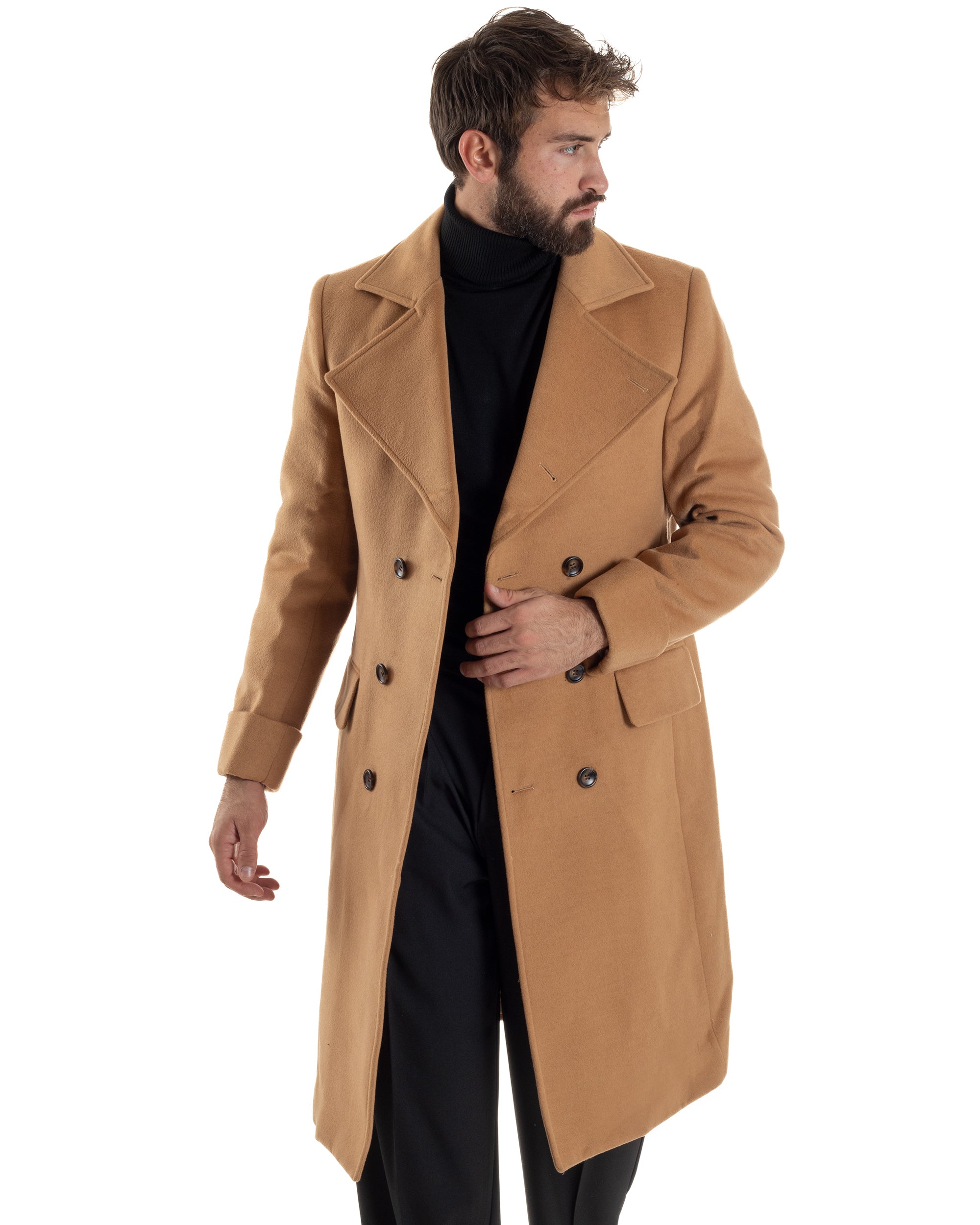 Cappotto Uomo Doppiopetto Lungo Revers A Lancia Tessuto Panno Tinta Unita Camel CO1086A