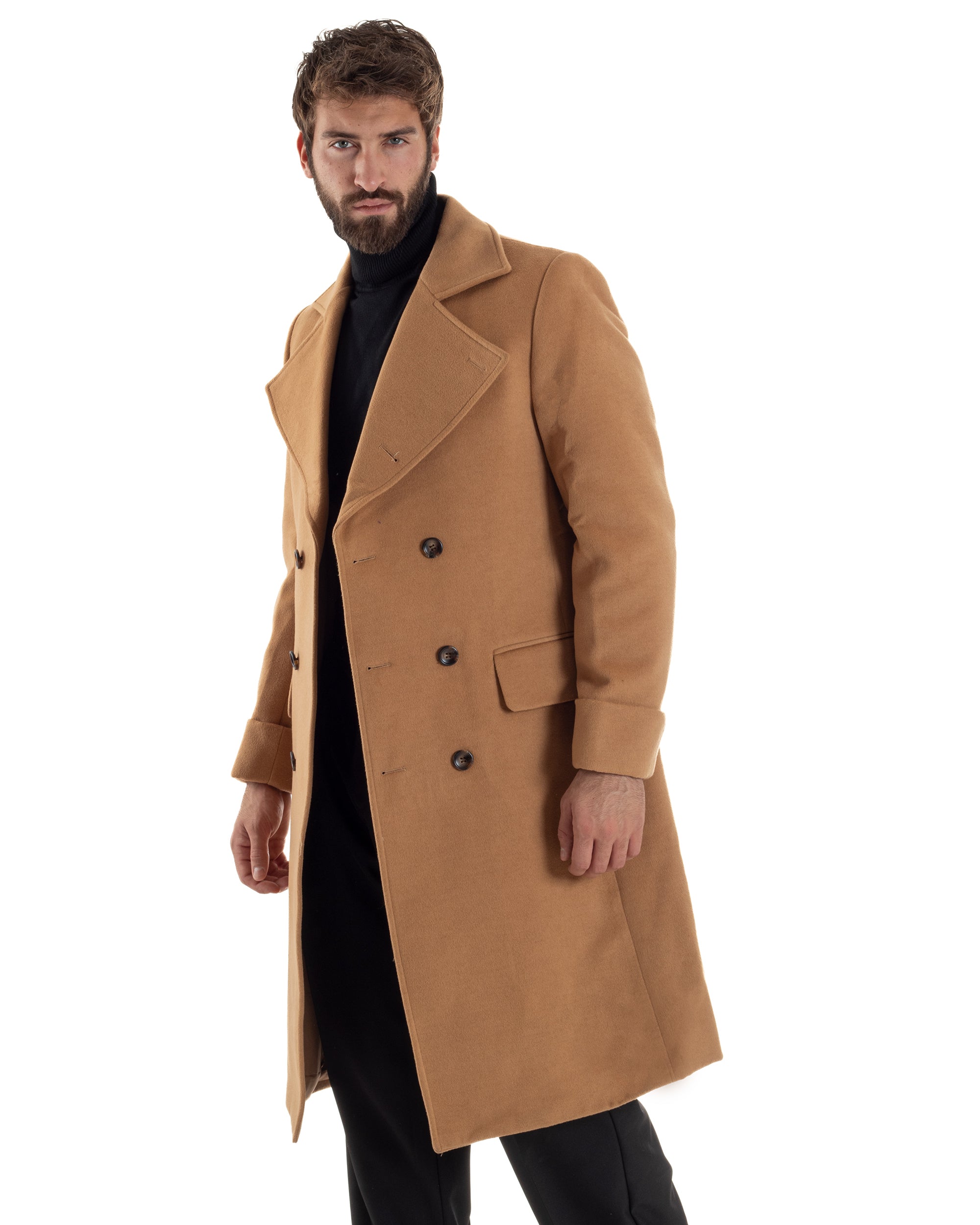 Cappotto Uomo Doppiopetto Lungo Revers A Lancia Tessuto Panno Tinta Unita Camel CO1086A
