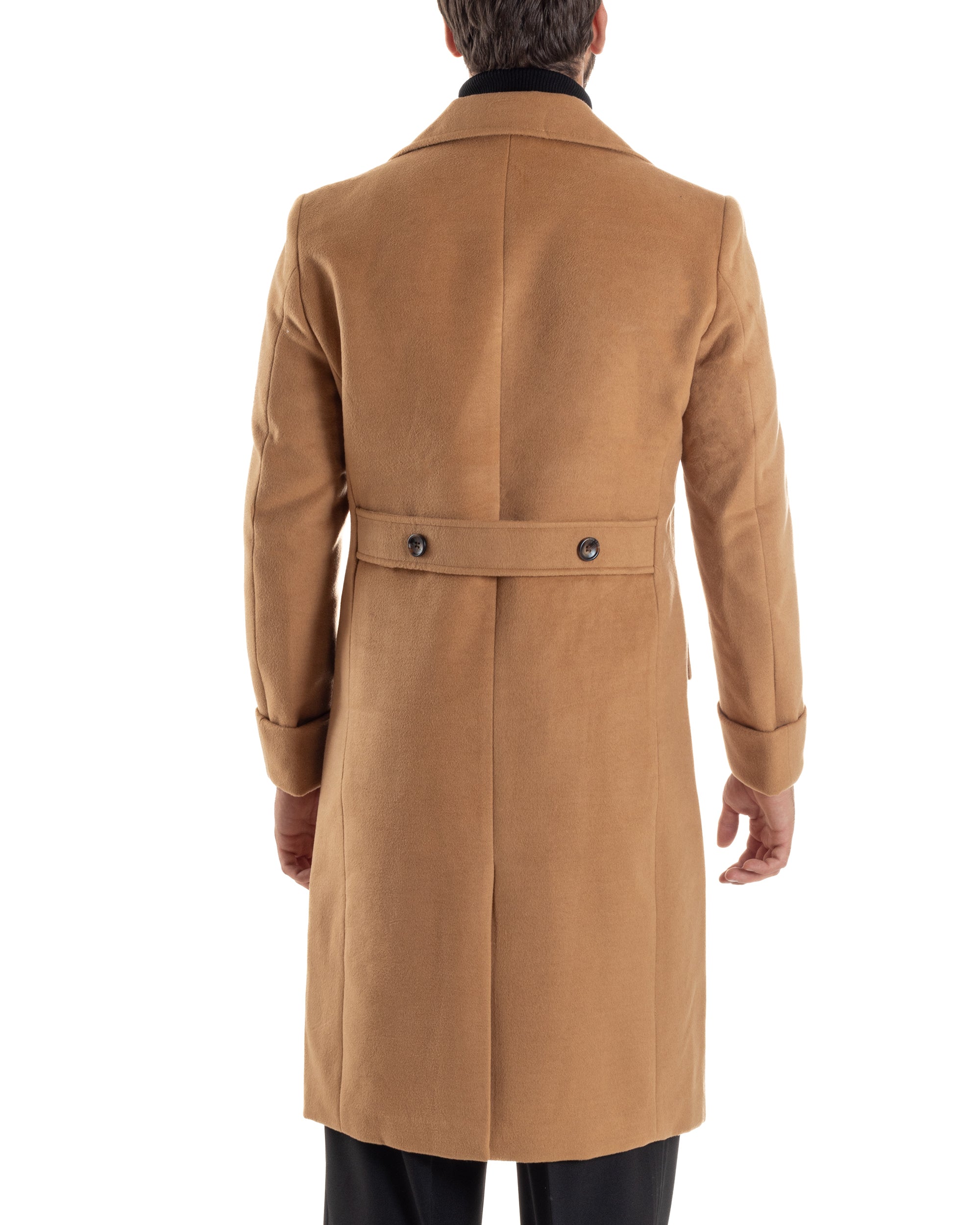 Cappotto Uomo Doppiopetto Lungo Revers A Lancia Tessuto Panno Tinta Unita Camel CO1086A