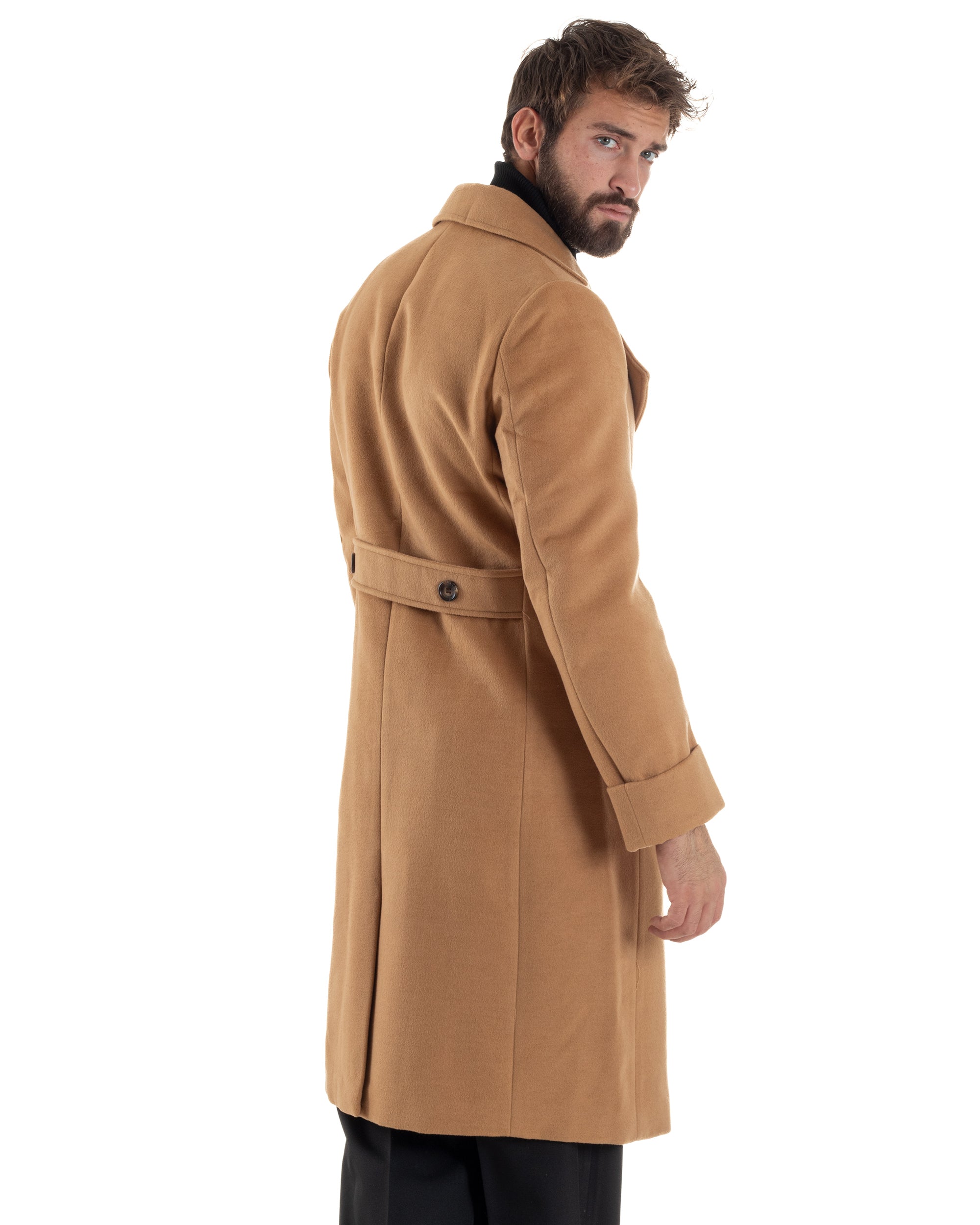 Cappotto Uomo Doppiopetto Lungo Revers A Lancia Tessuto Panno Tinta Unita Camel CO1086A