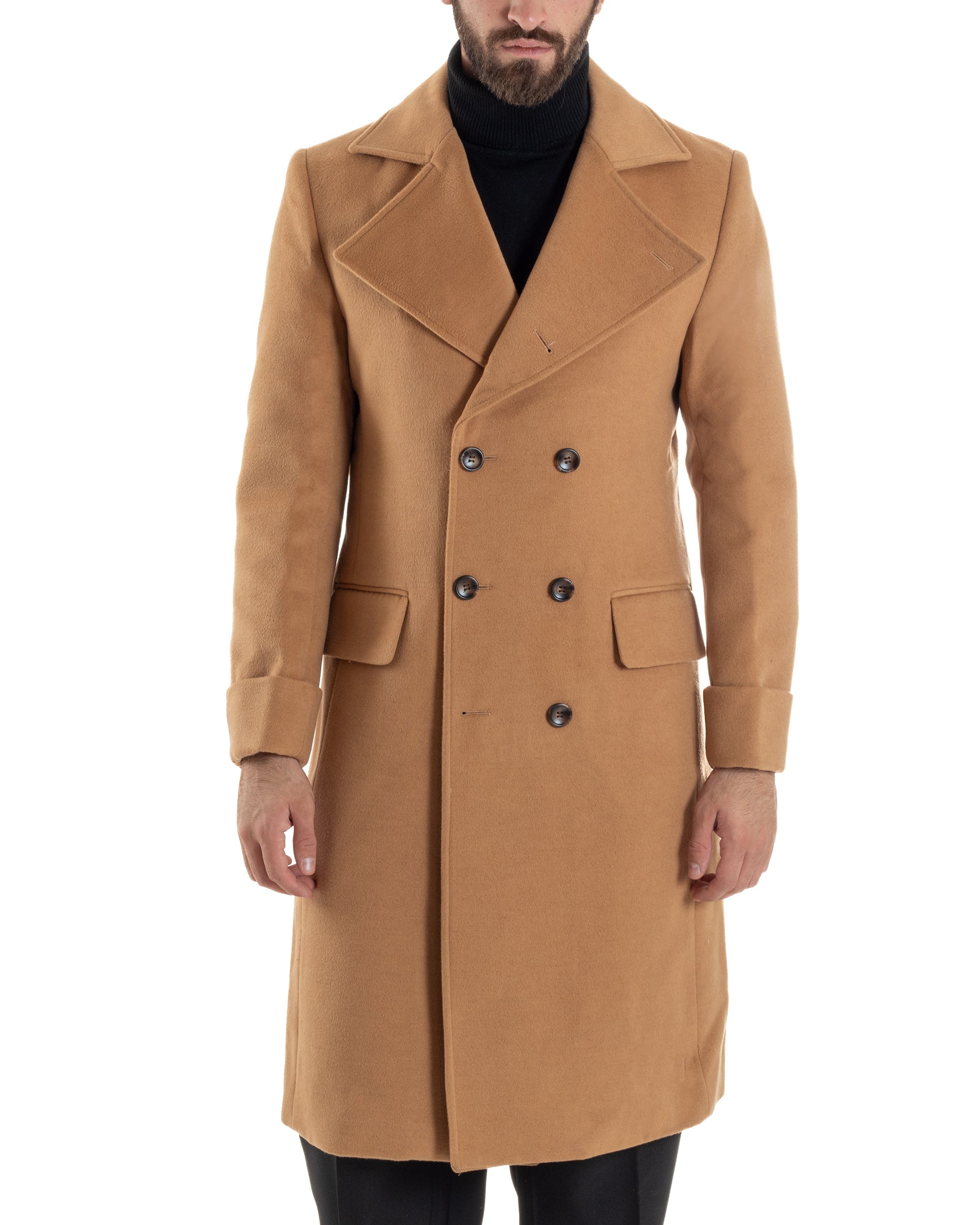 Cappotto Uomo Doppiopetto Lungo Revers A Lancia Tessuto Panno Tinta Unita Camel CO1086A