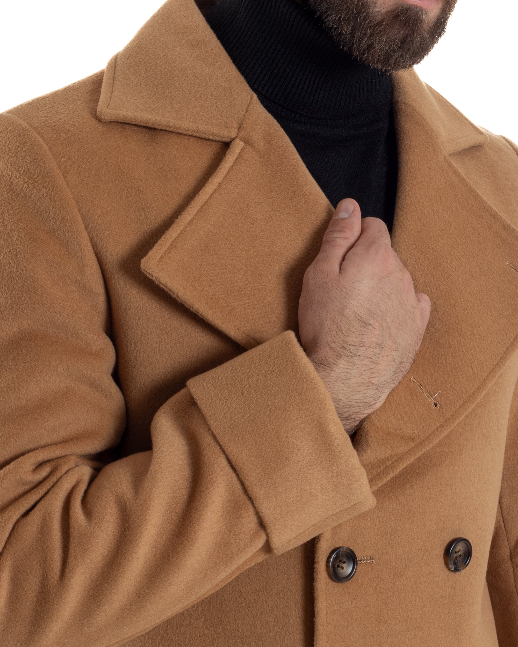 Cappotto Uomo Doppiopetto Lungo Revers A Lancia Tessuto Panno Tinta Unita Camel CO1086A
