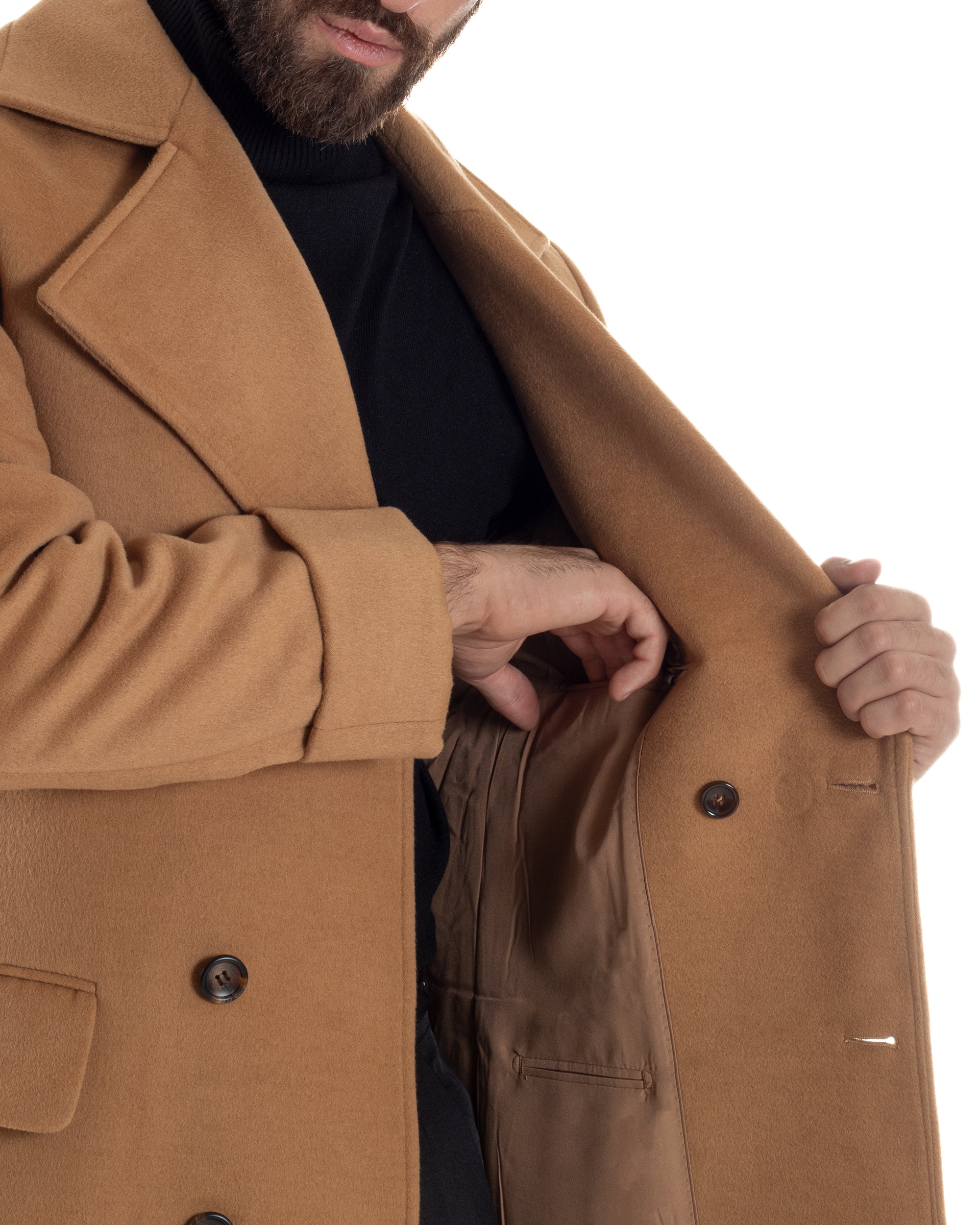 Cappotto Uomo Doppiopetto Lungo Revers A Lancia Tessuto Panno Tinta Unita Camel CO1086A