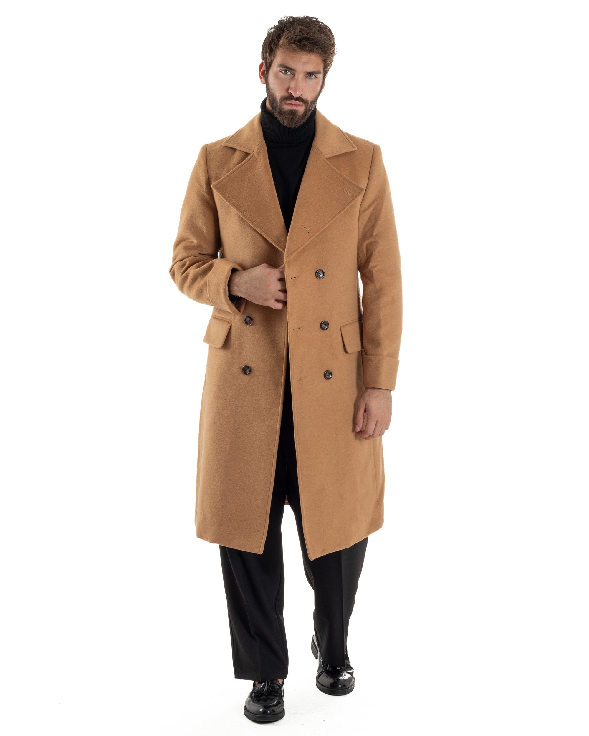 Cappotto Uomo Doppiopetto Lungo Revers A Lancia Tessuto Panno Tinta Unita Camel CO1086A