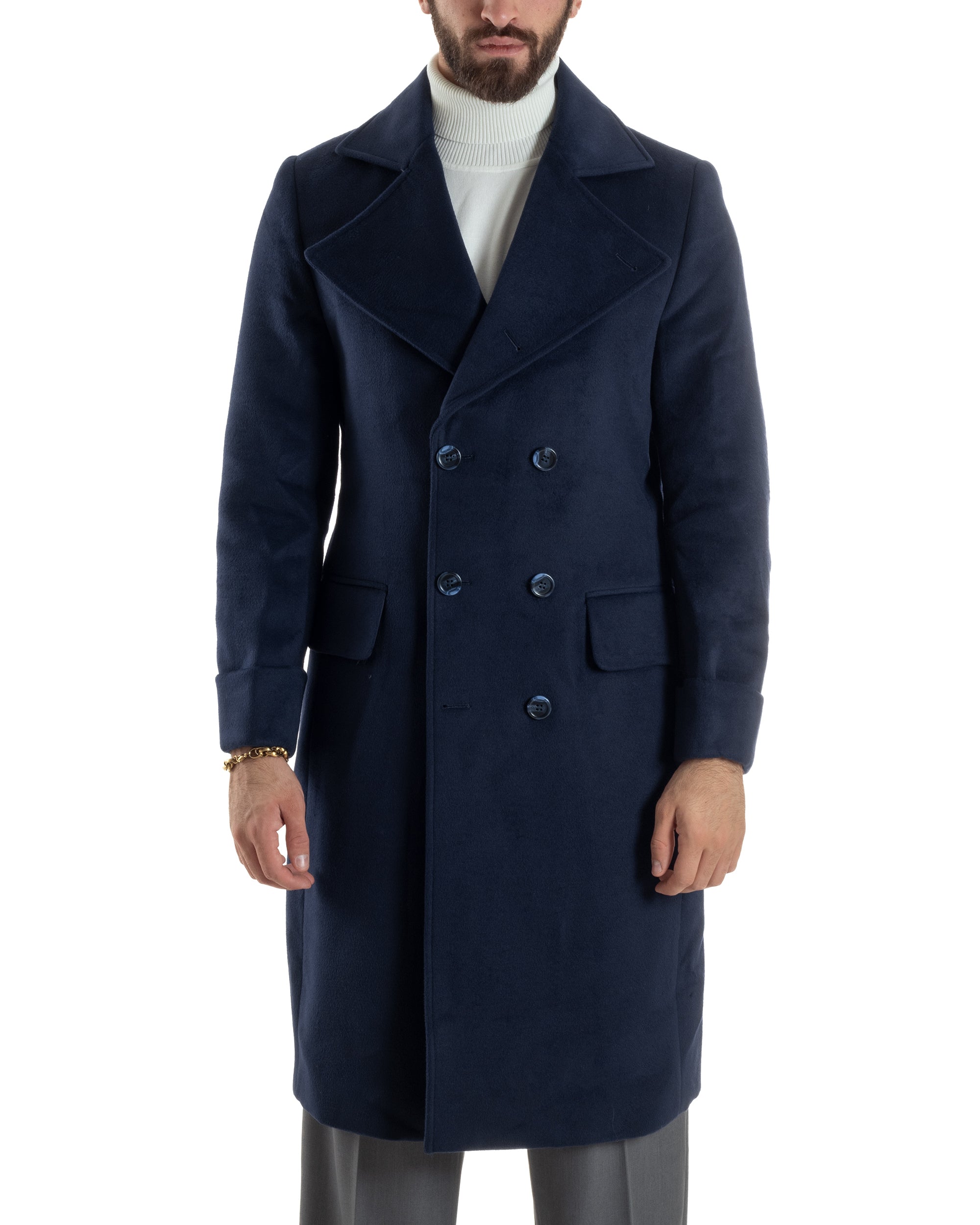 Cappotto Uomo Doppiopetto Lungo Revers A Lancia Tessuto Panno Tinta Unita Blu CO1087A