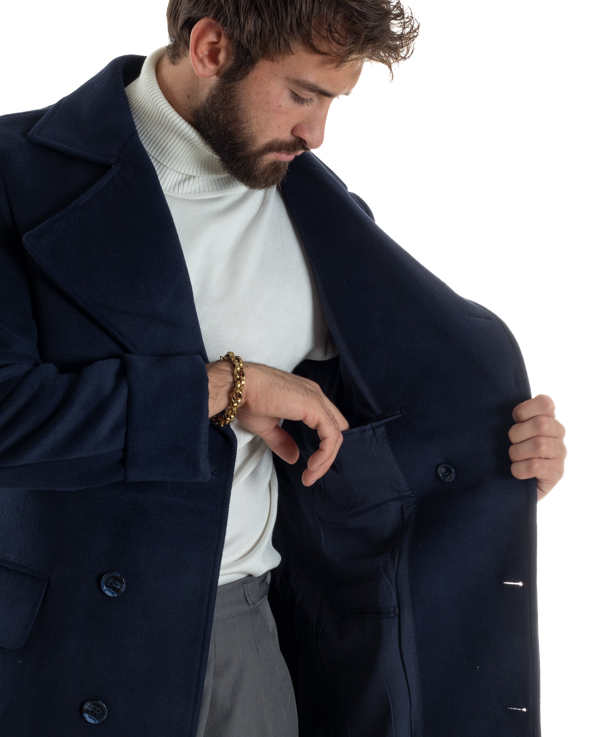 Cappotto Uomo Doppiopetto Lungo Revers A Lancia Tessuto Panno Tinta Unita Blu CO1087A