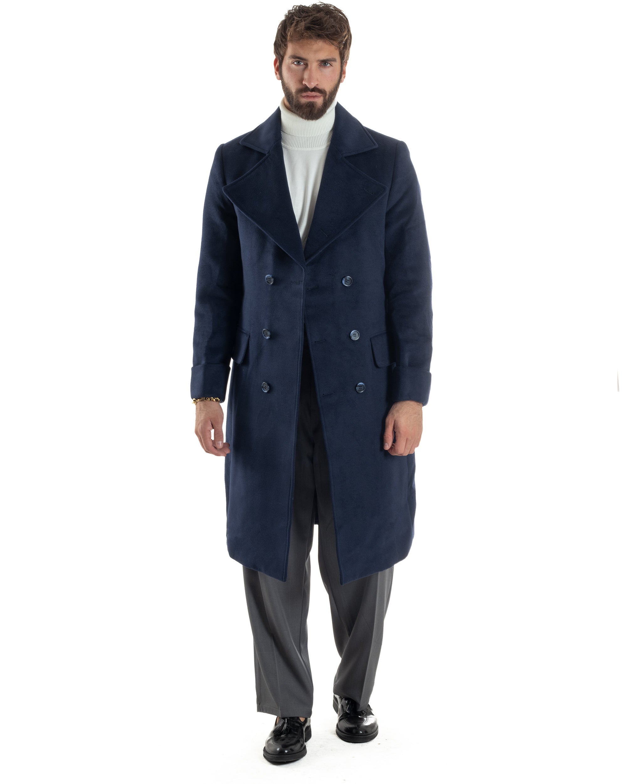 Cappotto Uomo Doppiopetto Lungo Revers A Lancia Tessuto Panno Tinta Unita Blu CO1087A