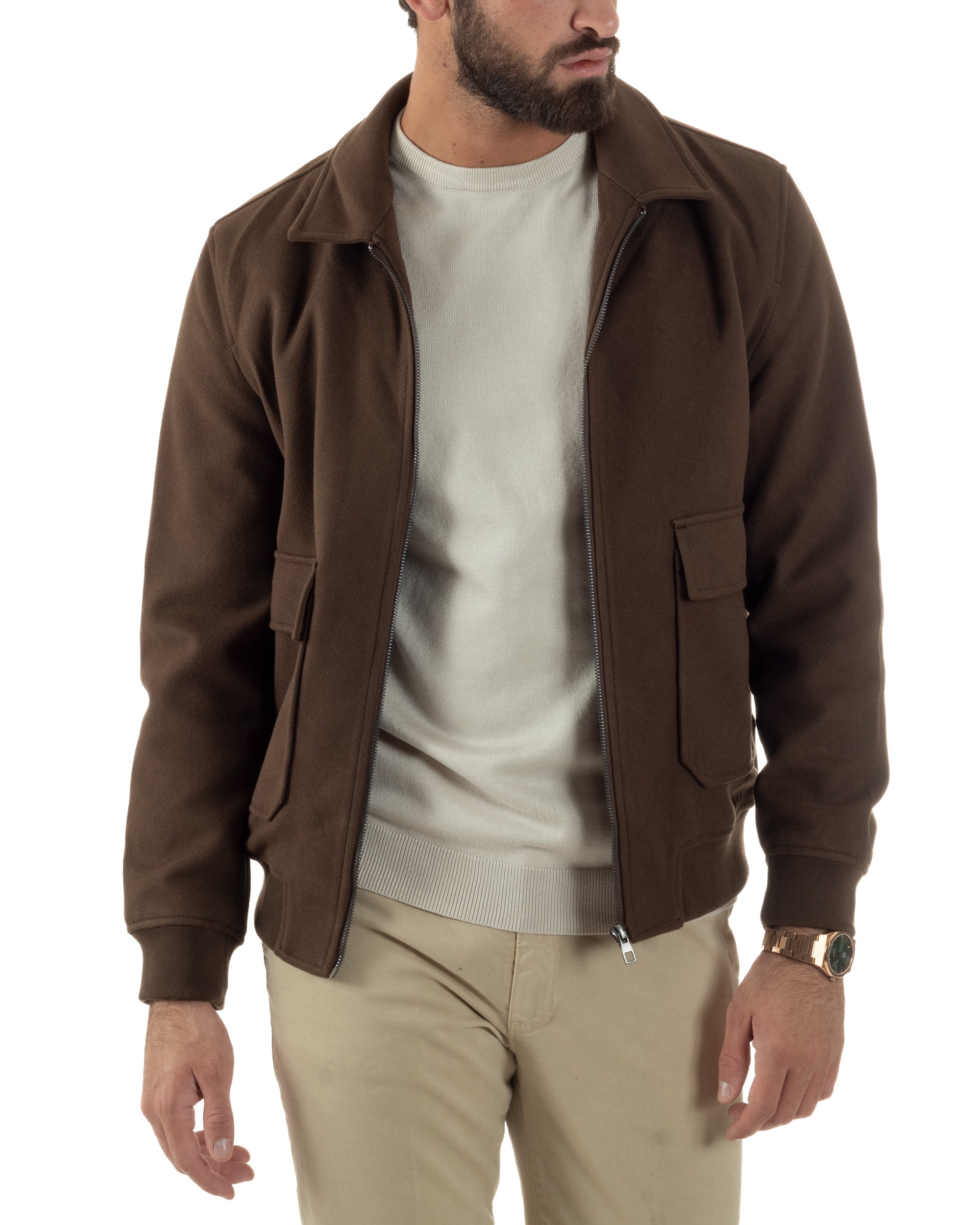 Giubbotto Uomo Zip Colletto Bomber Panno Marrone G3380A