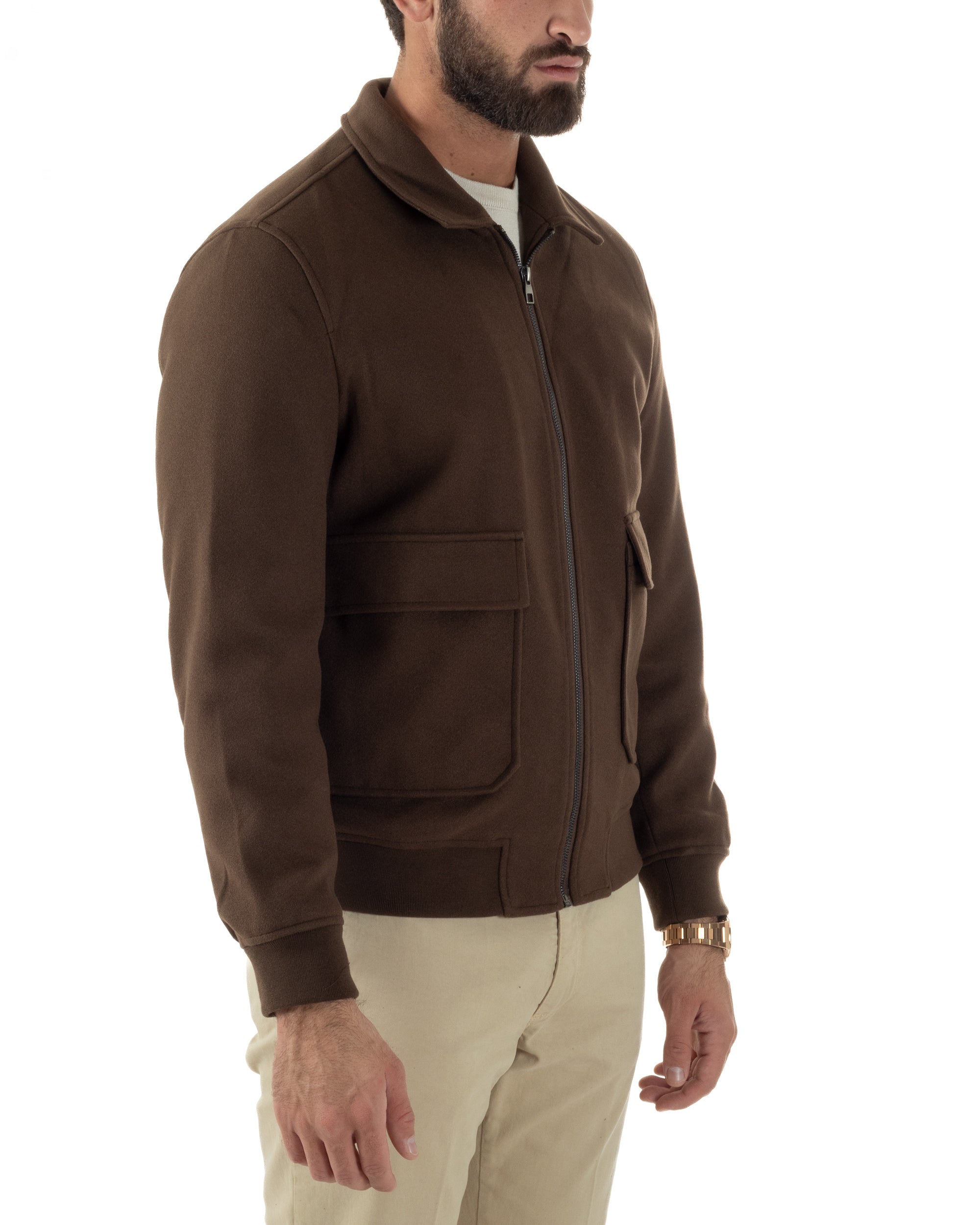 Giubbotto Uomo Zip Colletto Bomber Panno Marrone G3380A