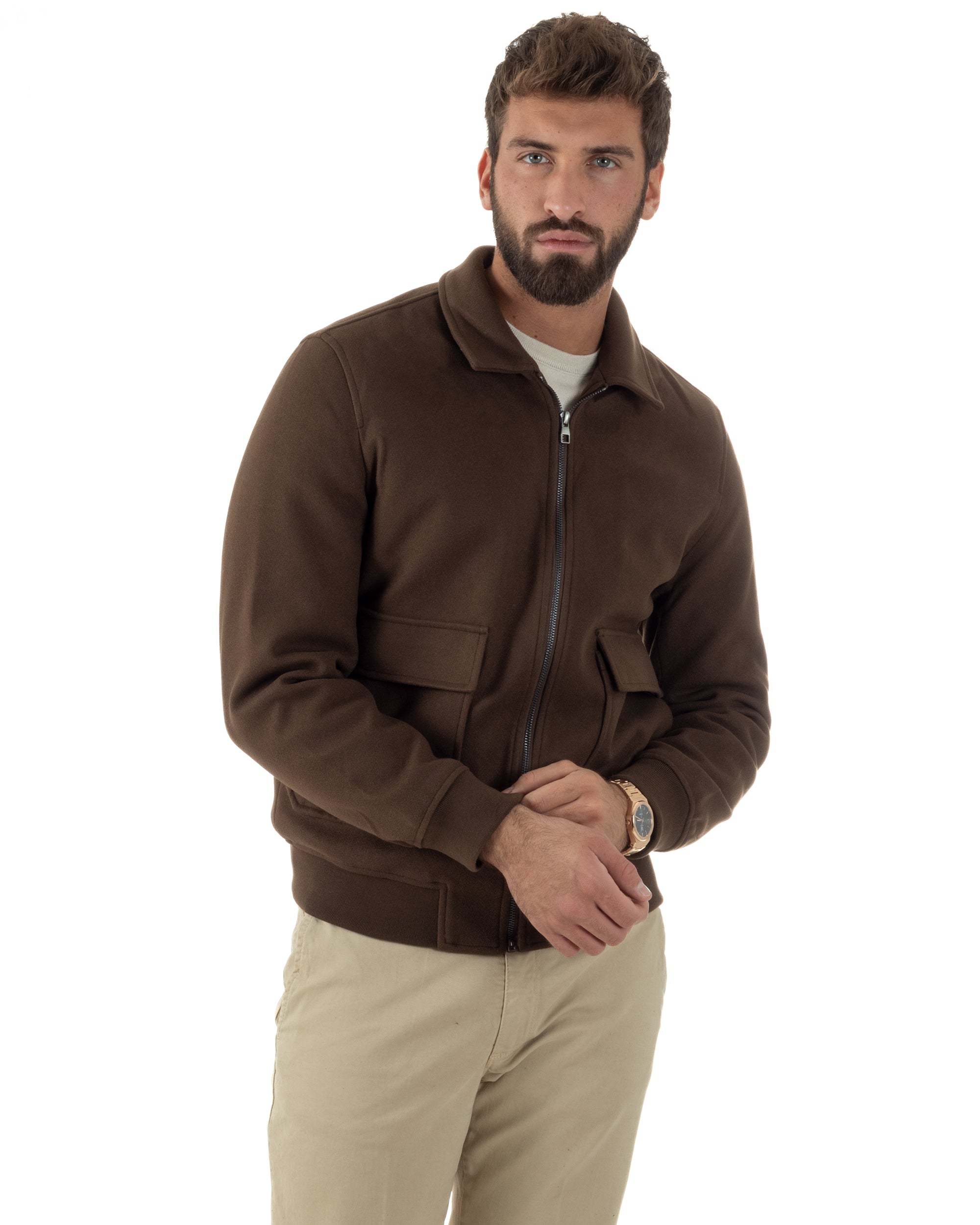 Giubbotto Uomo Zip Colletto Bomber Panno Marrone G3380A