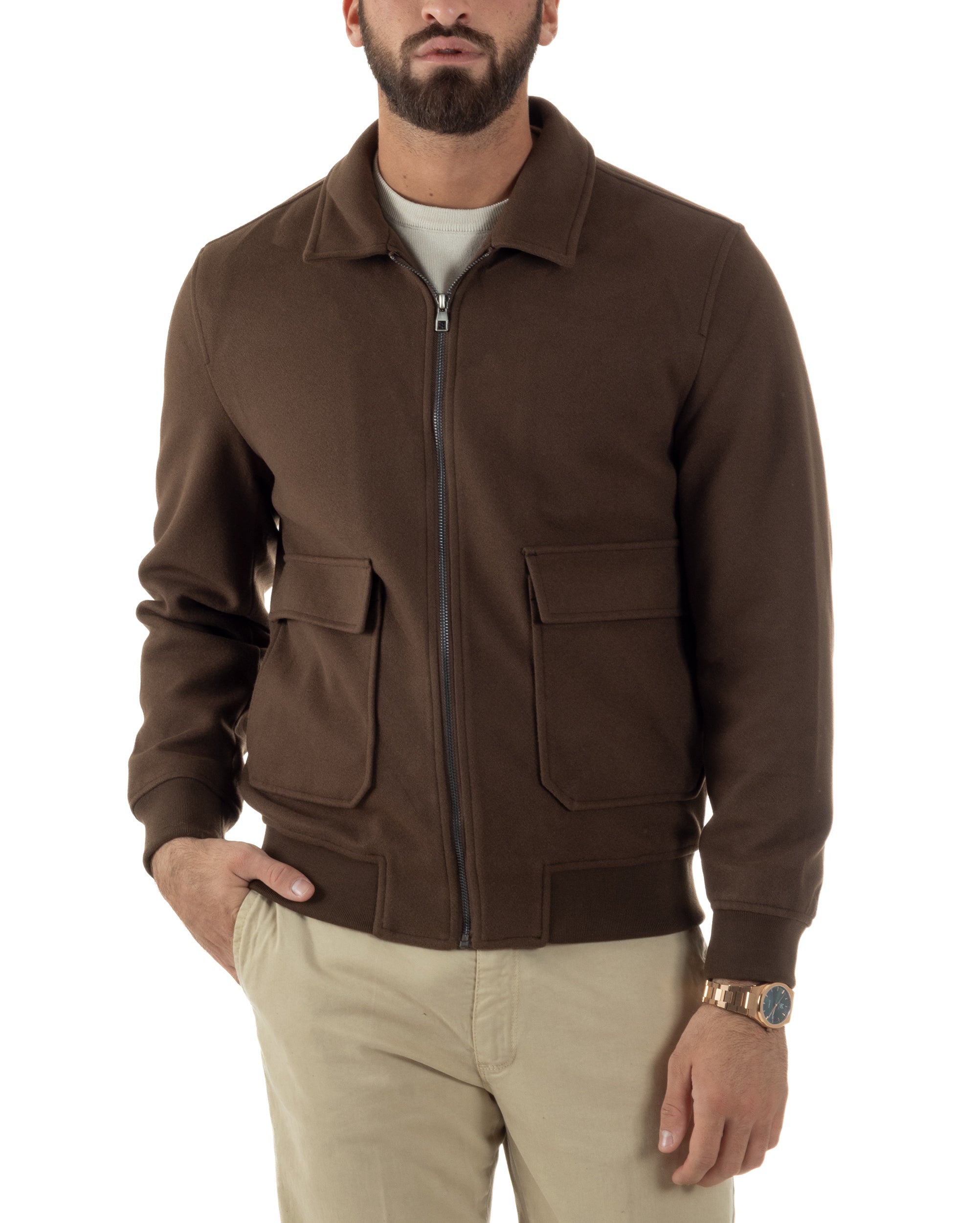 Giubbotto Uomo Zip Colletto Bomber Panno Marrone G3380A