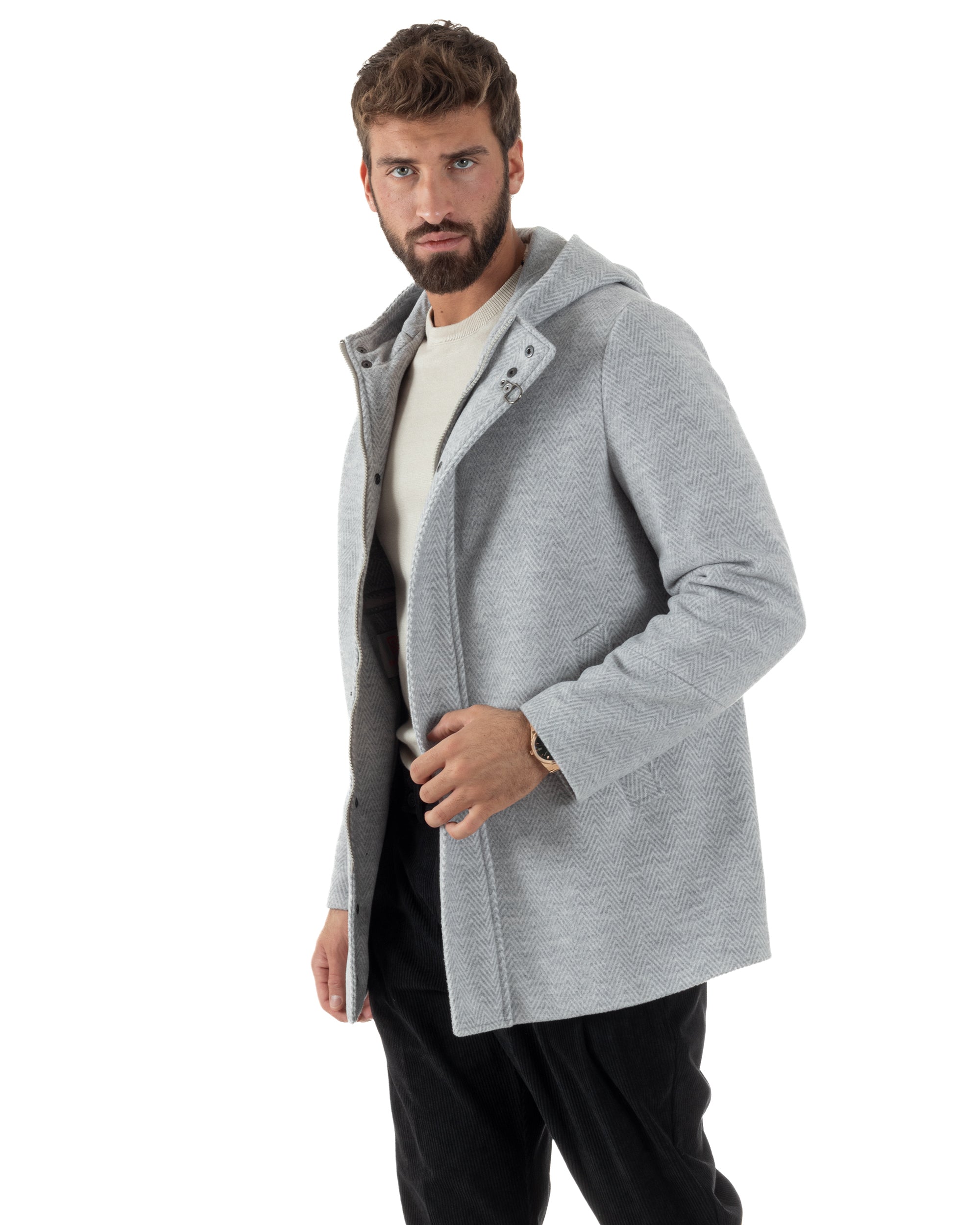Cappotto Uomo Panno Spigato Cappuccio Zip Grigio BlackSunday CO1092A