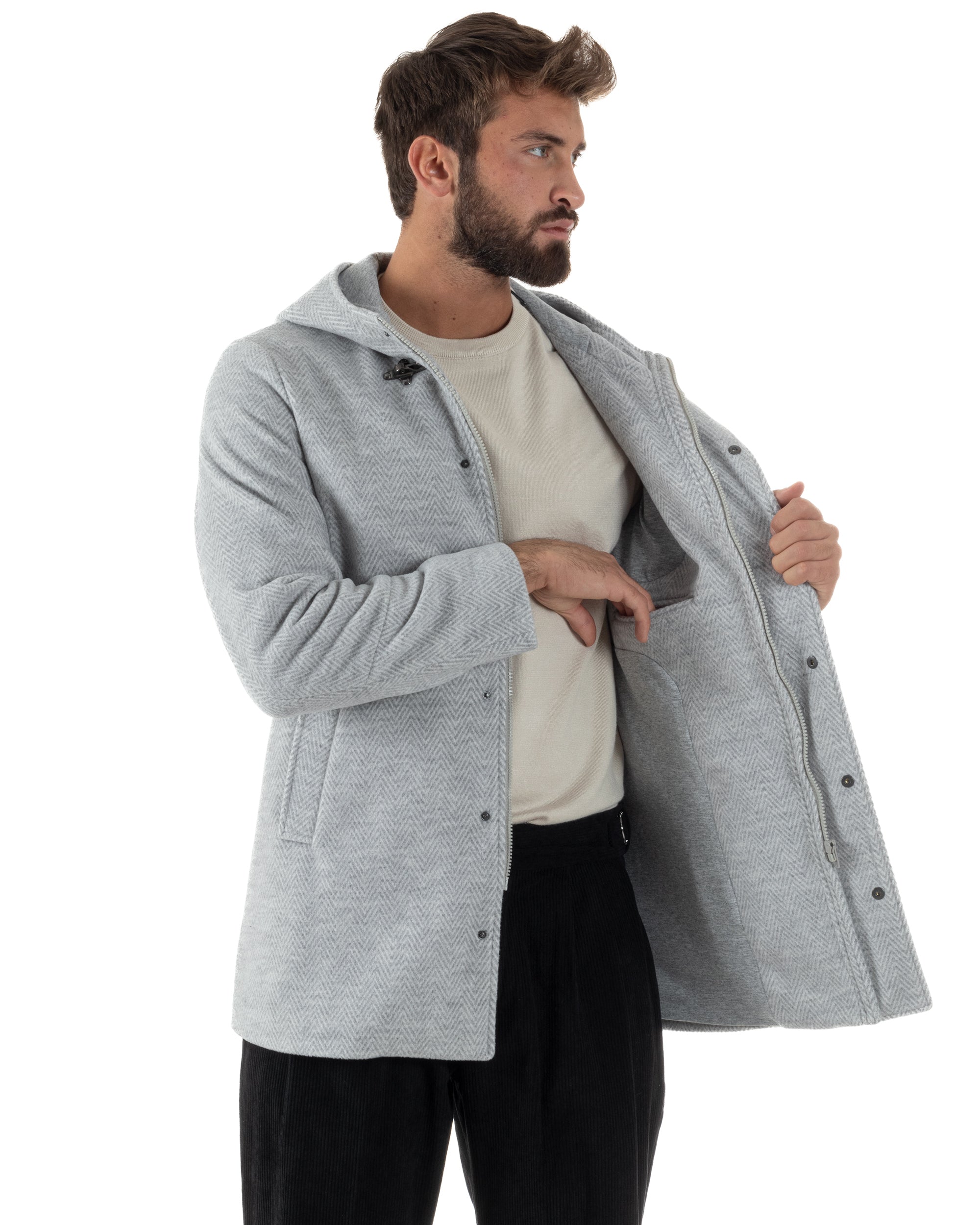 Cappotto Uomo Panno Spigato Cappuccio Zip Grigio BlackSunday CO1092A