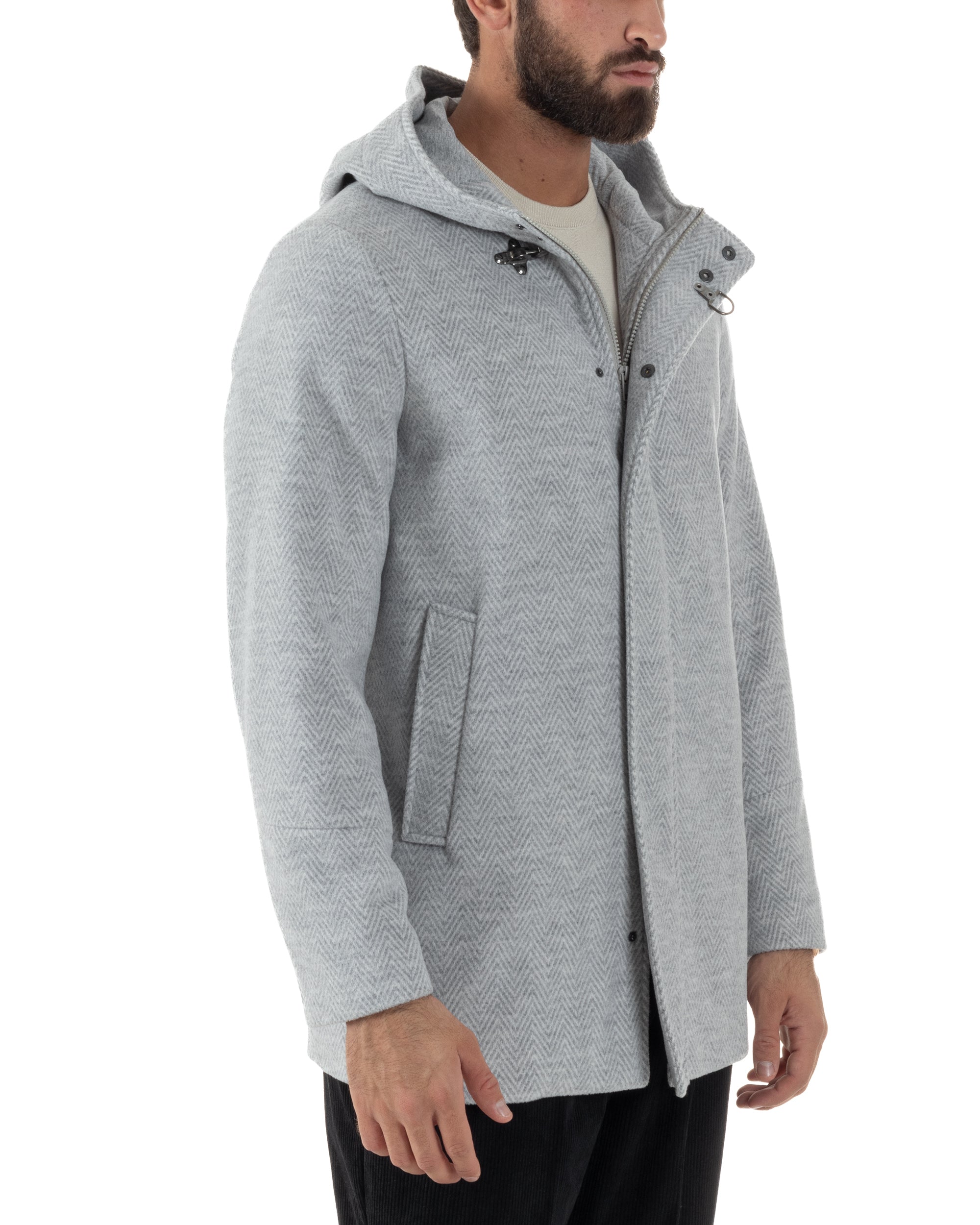 Cappotto Uomo Panno Spigato Cappuccio Zip Grigio BlackSunday CO1092A