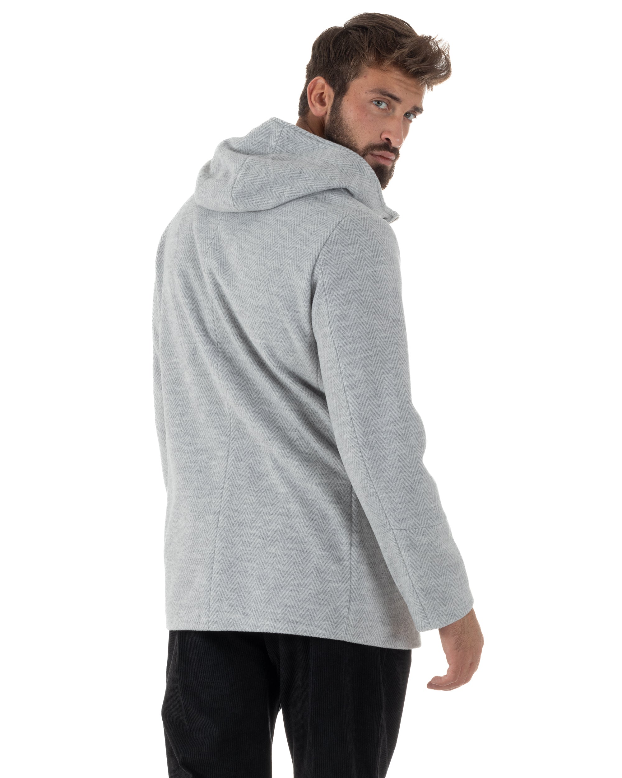 Cappotto Uomo Panno Spigato Cappuccio Zip Grigio BlackSunday CO1092A
