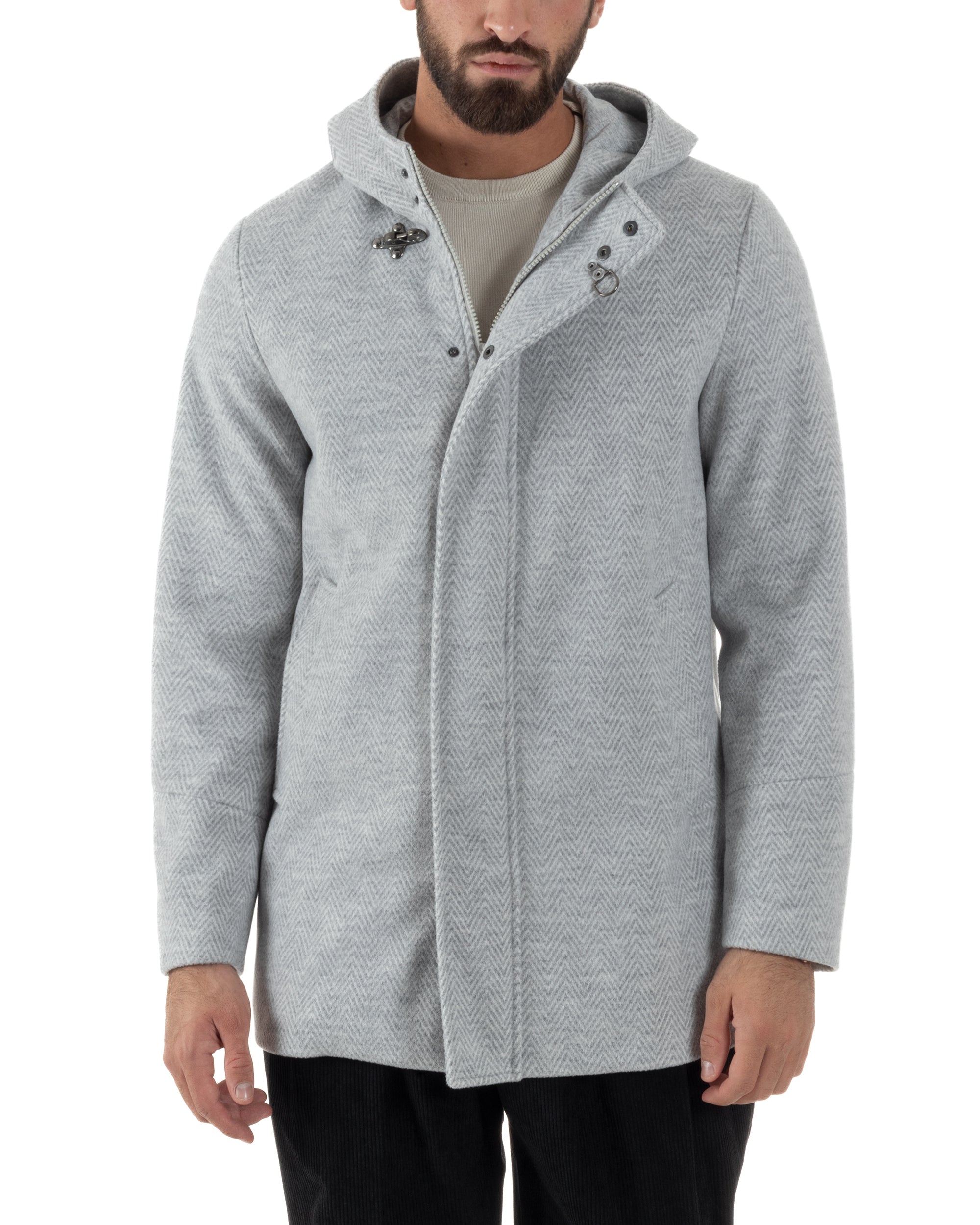 Cappotto Uomo Panno Spigato Cappuccio Zip Grigio BlackSunday CO1092A