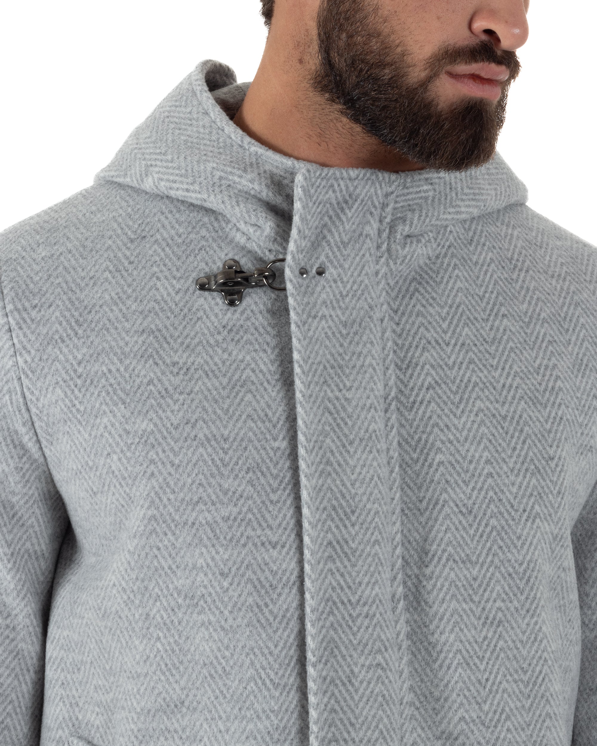 Cappotto Uomo Panno Spigato Cappuccio Zip Grigio BlackSunday CO1092A