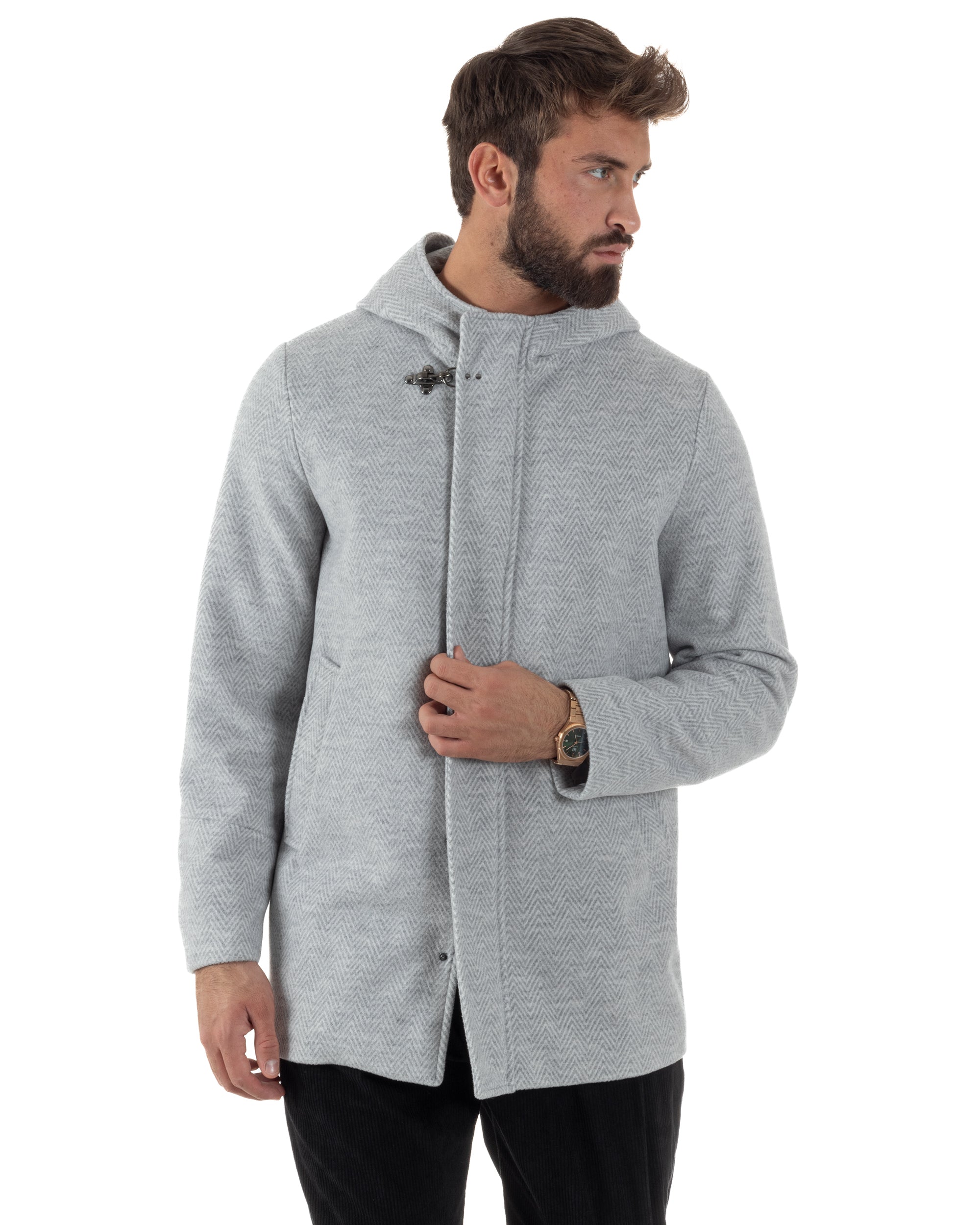 Cappotto Uomo Panno Spigato Cappuccio Zip Grigio BlackSunday CO1092A