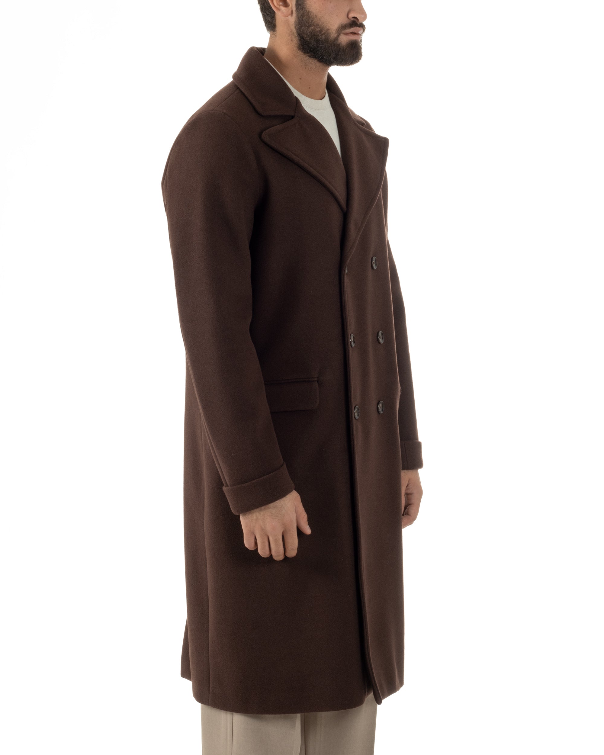 Cappotto Doppiopetto Uomo Oversize Giaccone Lungo Revers Ampi Marrone CO1093A