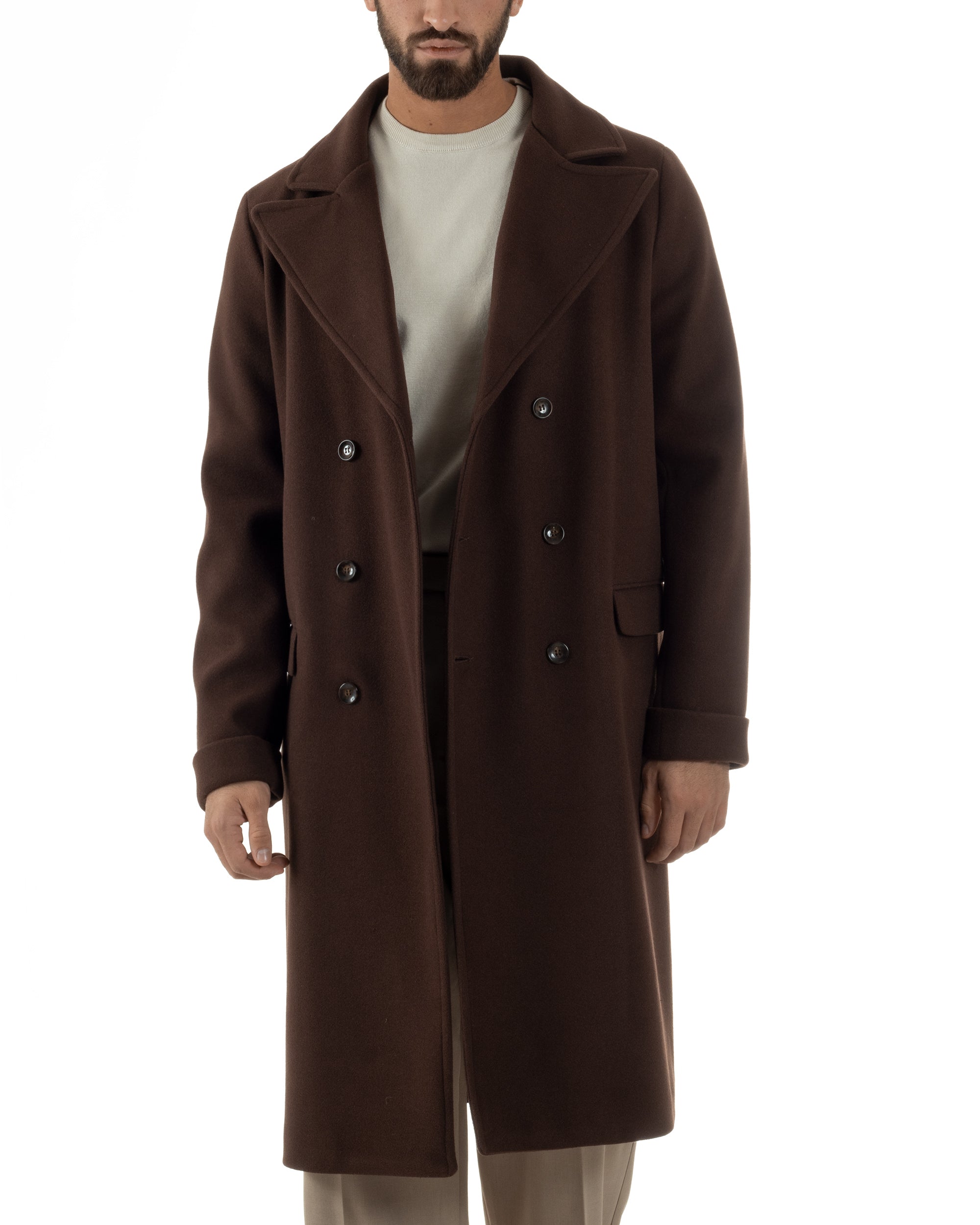 Cappotto Doppiopetto Uomo Oversize Giaccone Lungo Revers Ampi Marrone CO1093A