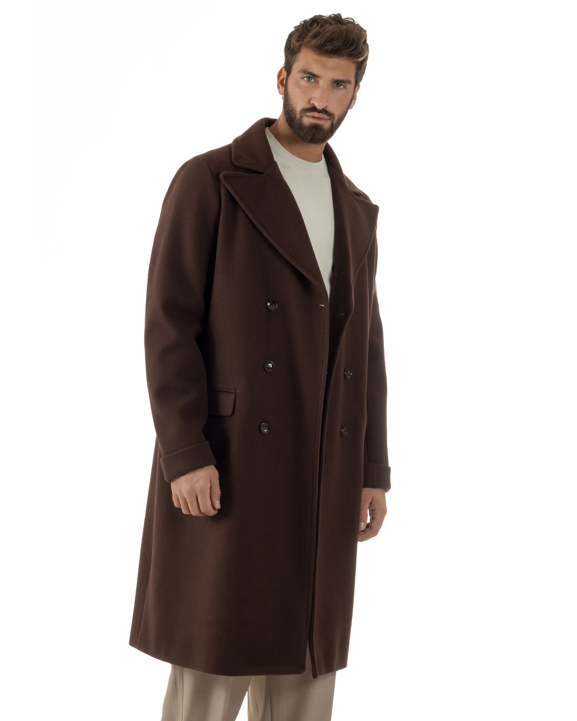 Cappotto Doppiopetto Uomo Oversize Giaccone Lungo Revers Ampi Marrone CO1093A
