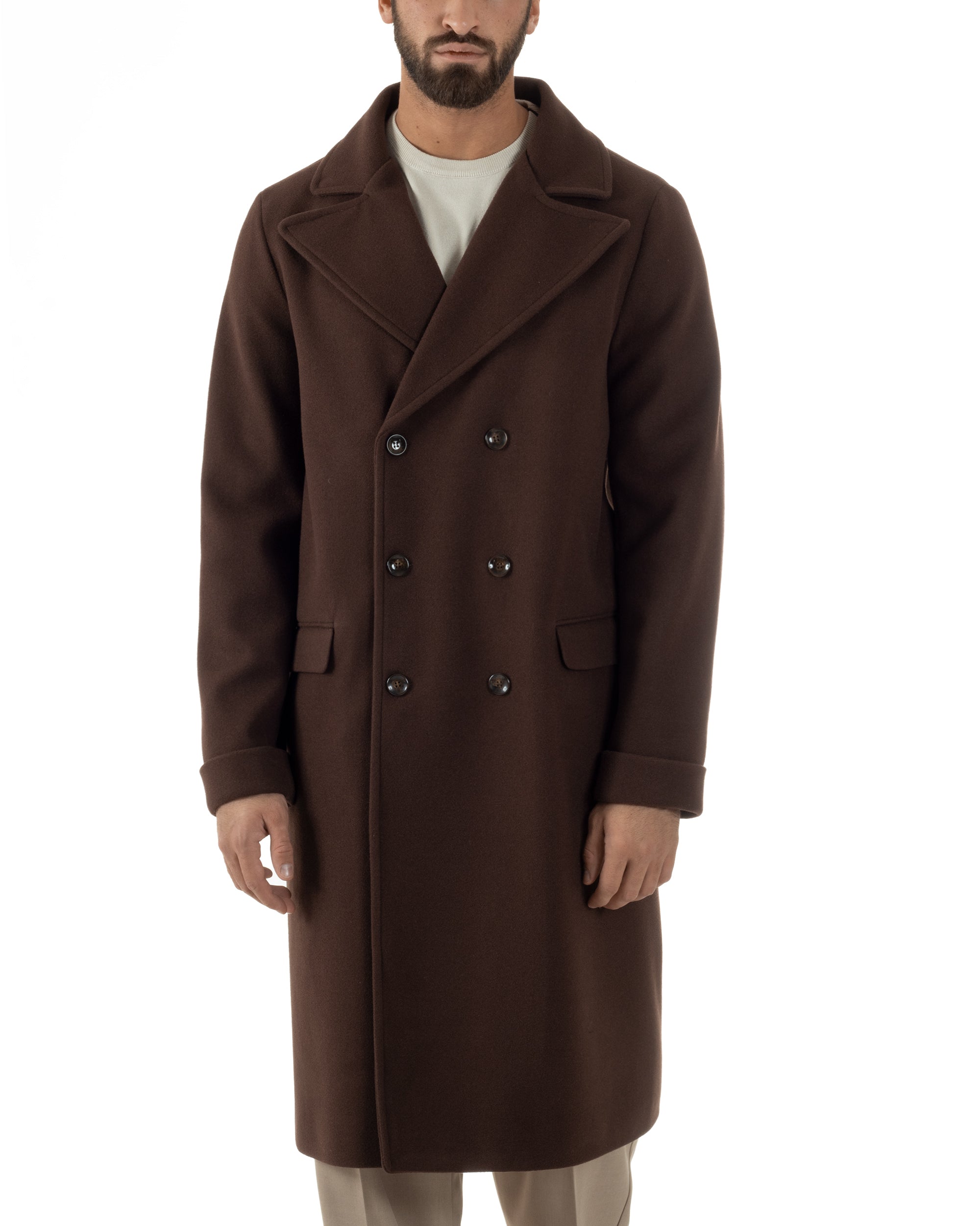 Cappotto Doppiopetto Uomo Oversize Giaccone Lungo Revers Ampi Marrone CO1093A