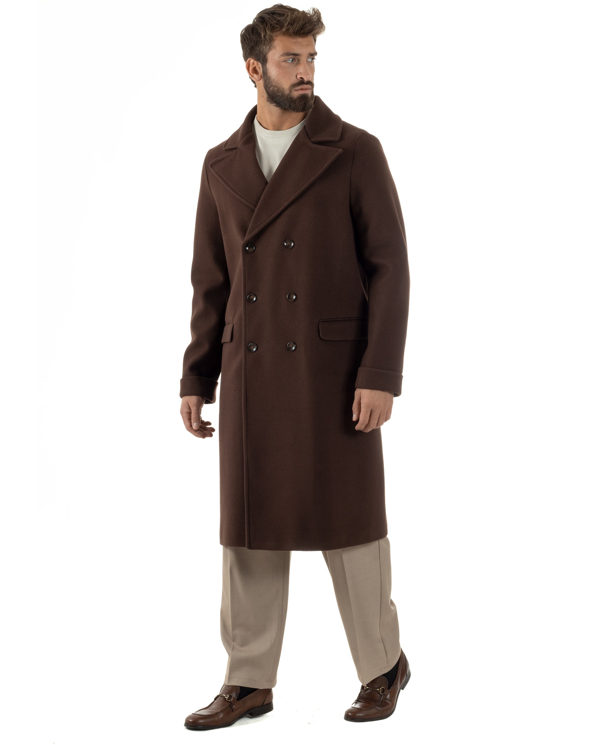 Cappotto Doppiopetto Uomo Oversize Giaccone Lungo Revers Ampi Marrone CO1093A