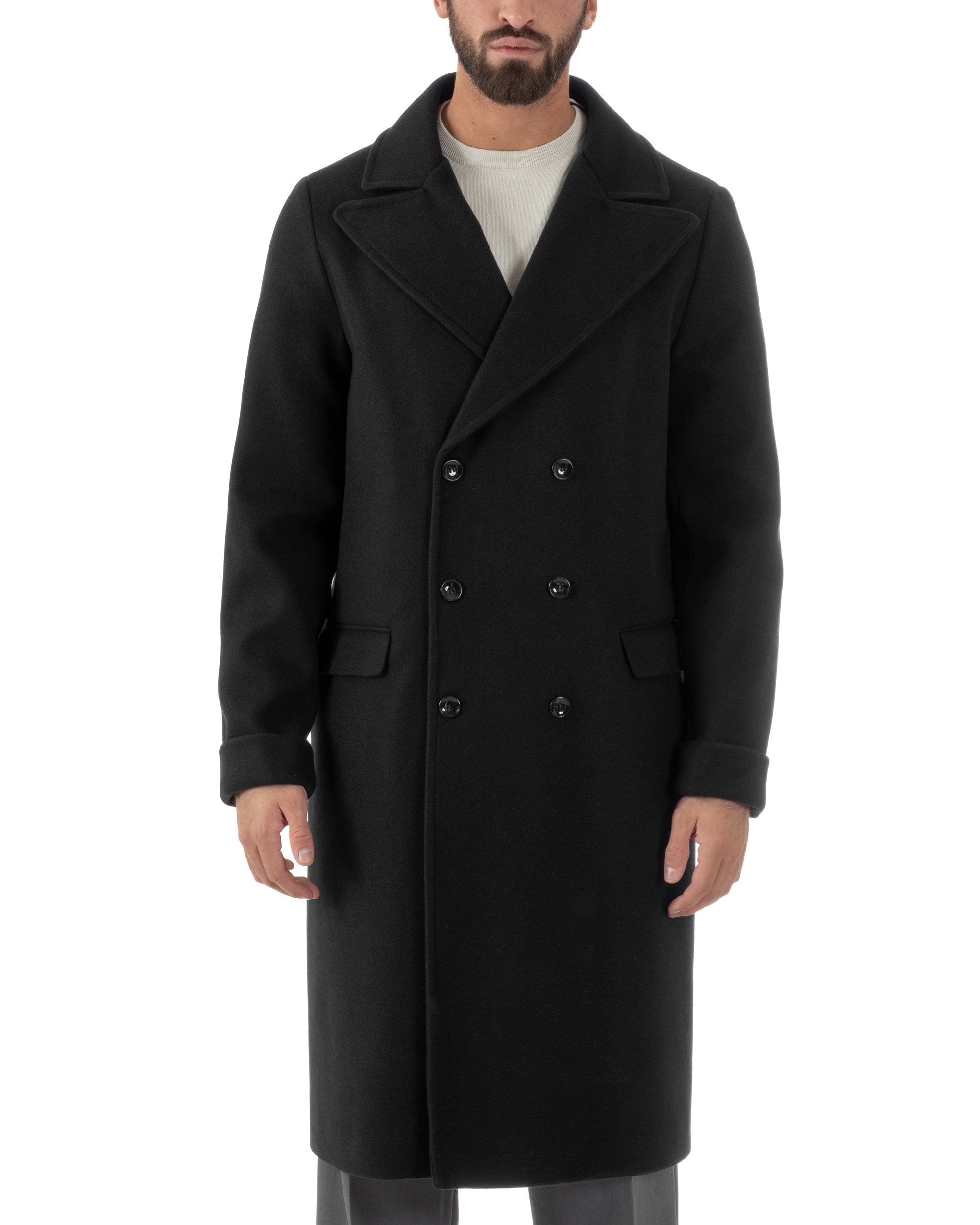 Cappotto Doppiopetto Uomo Oversize Giaccone Lungo Revers Ampi Nero CO1094A