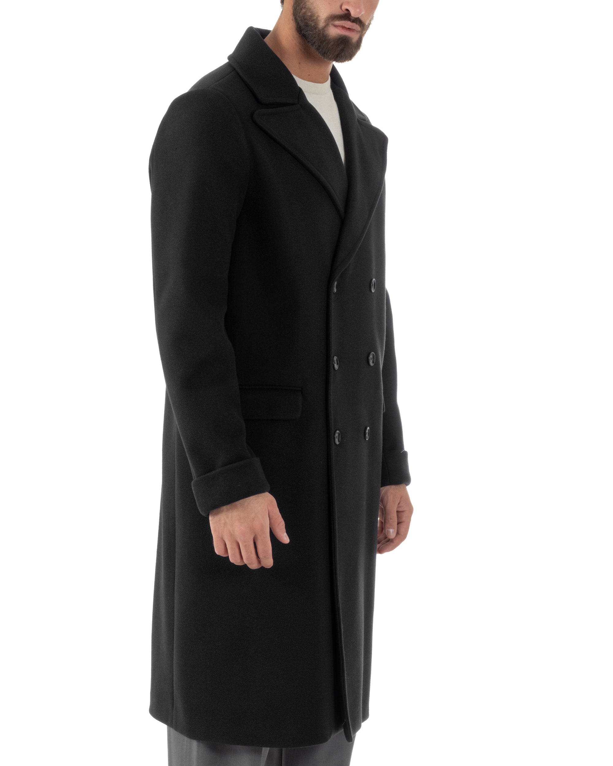 Cappotto Doppiopetto Uomo Oversize Giaccone Lungo Revers Ampi Nero CO1094A